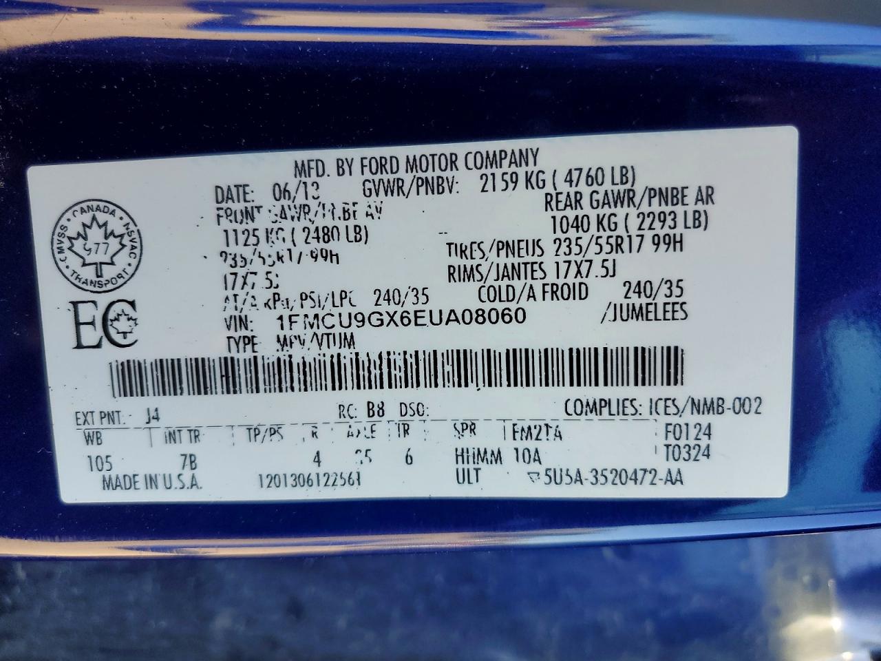 2014 Ford Escape Se Blue vin: 1FMCU9GX6EUA08060