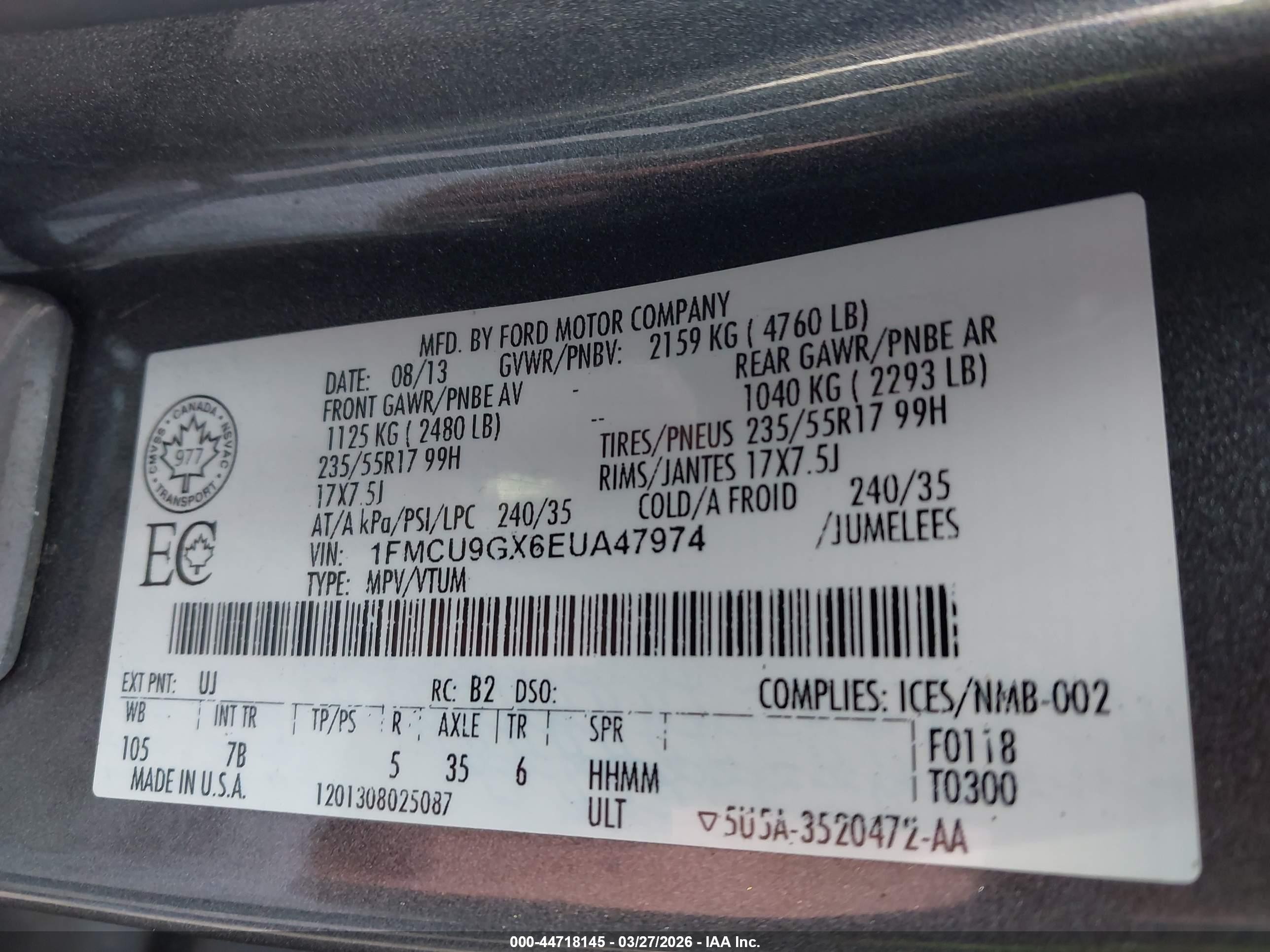 2014 Ford Escape Se Gray vin: 1FMCU9GX6EUA47974