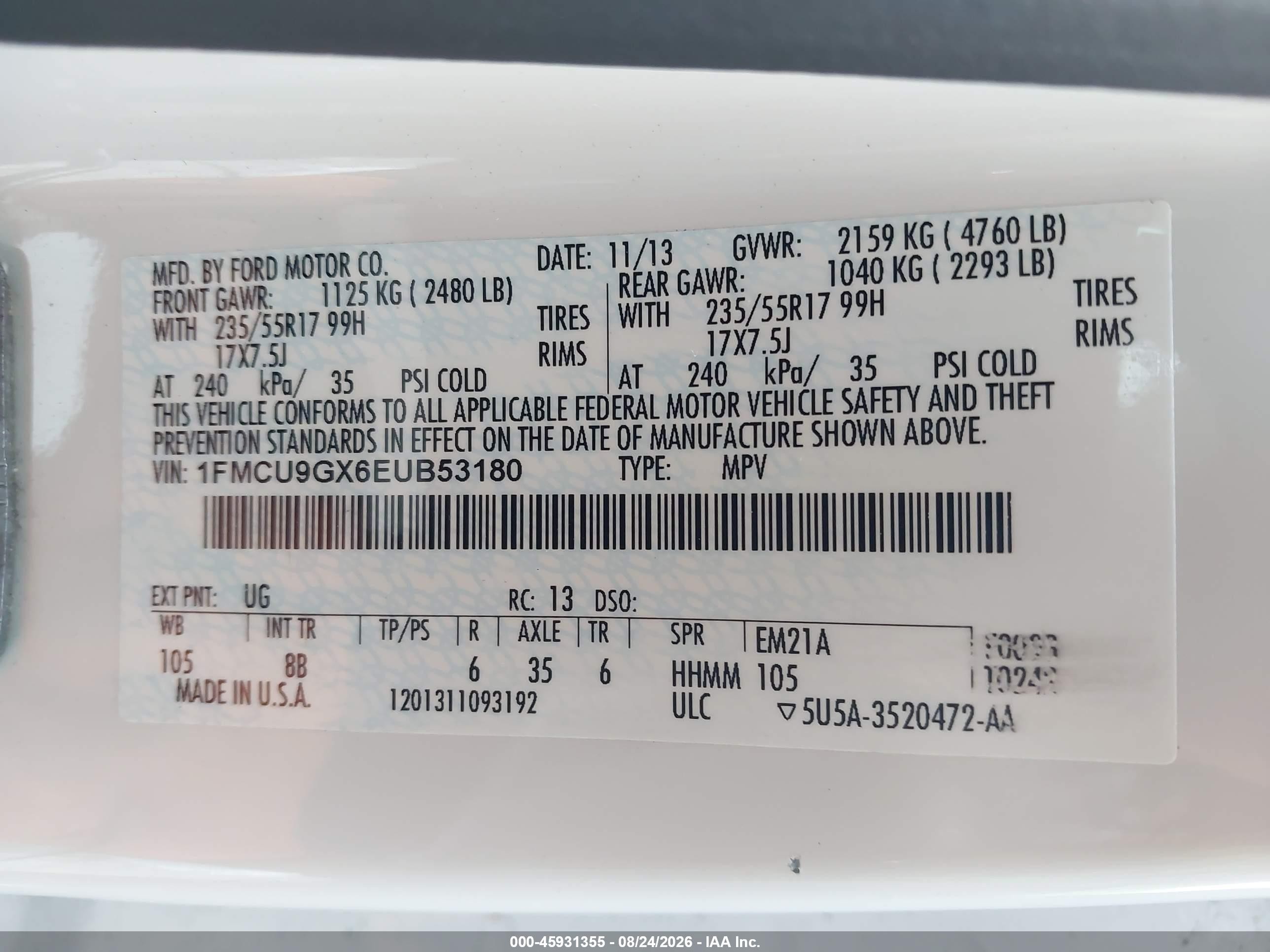 2014 Ford Escape Se Белый vin: 1FMCU9GX6EUB53180