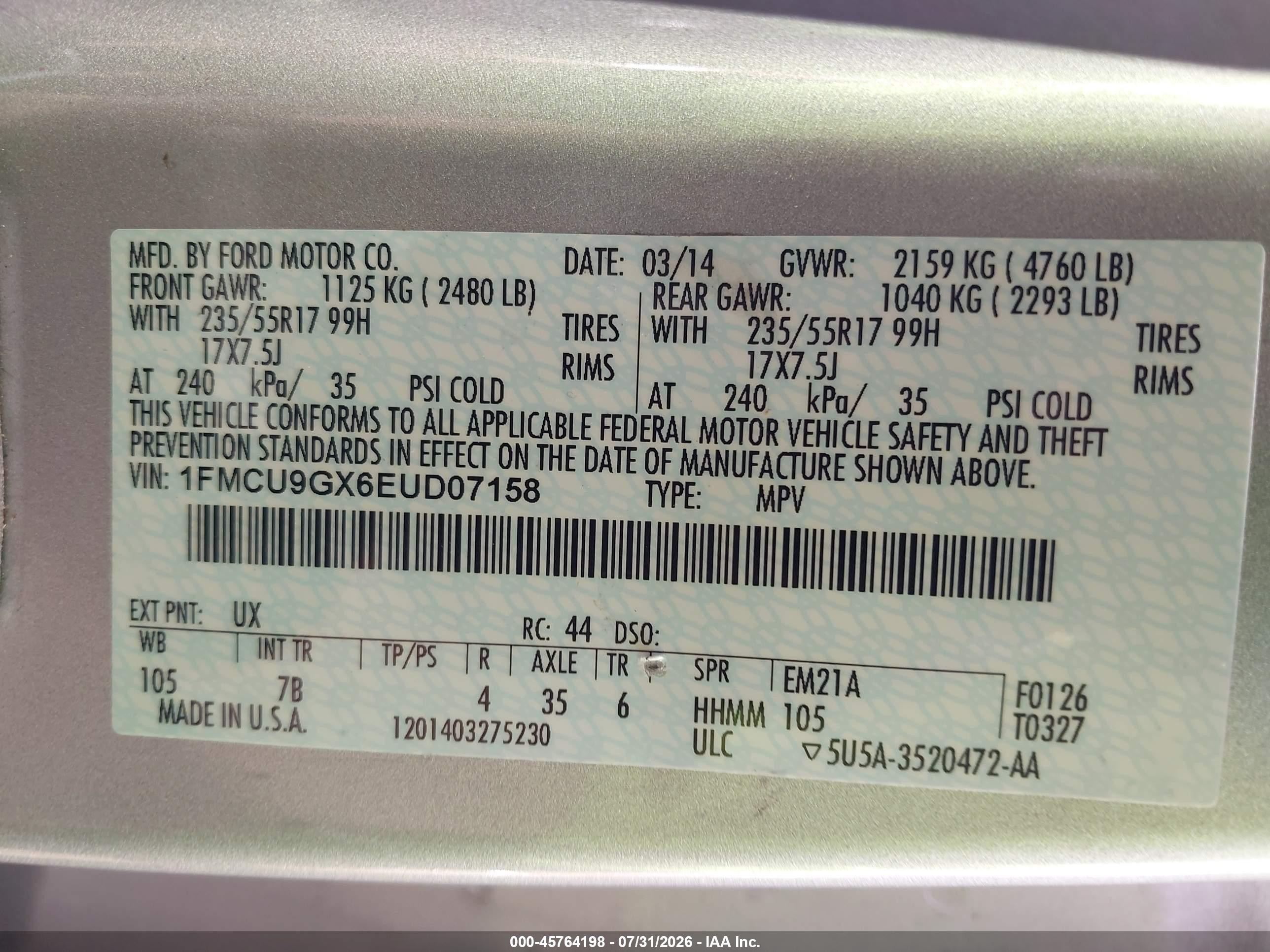 2014 Ford Escape Se Silver vin: 1FMCU9GX6EUD07158