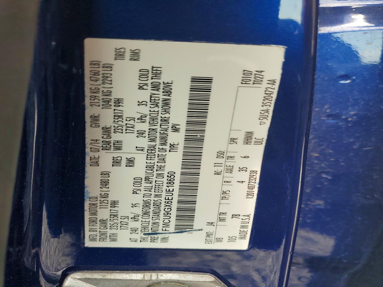 2014 Ford Escape Se Blue vin: 1FMCU9GX6EUE18650