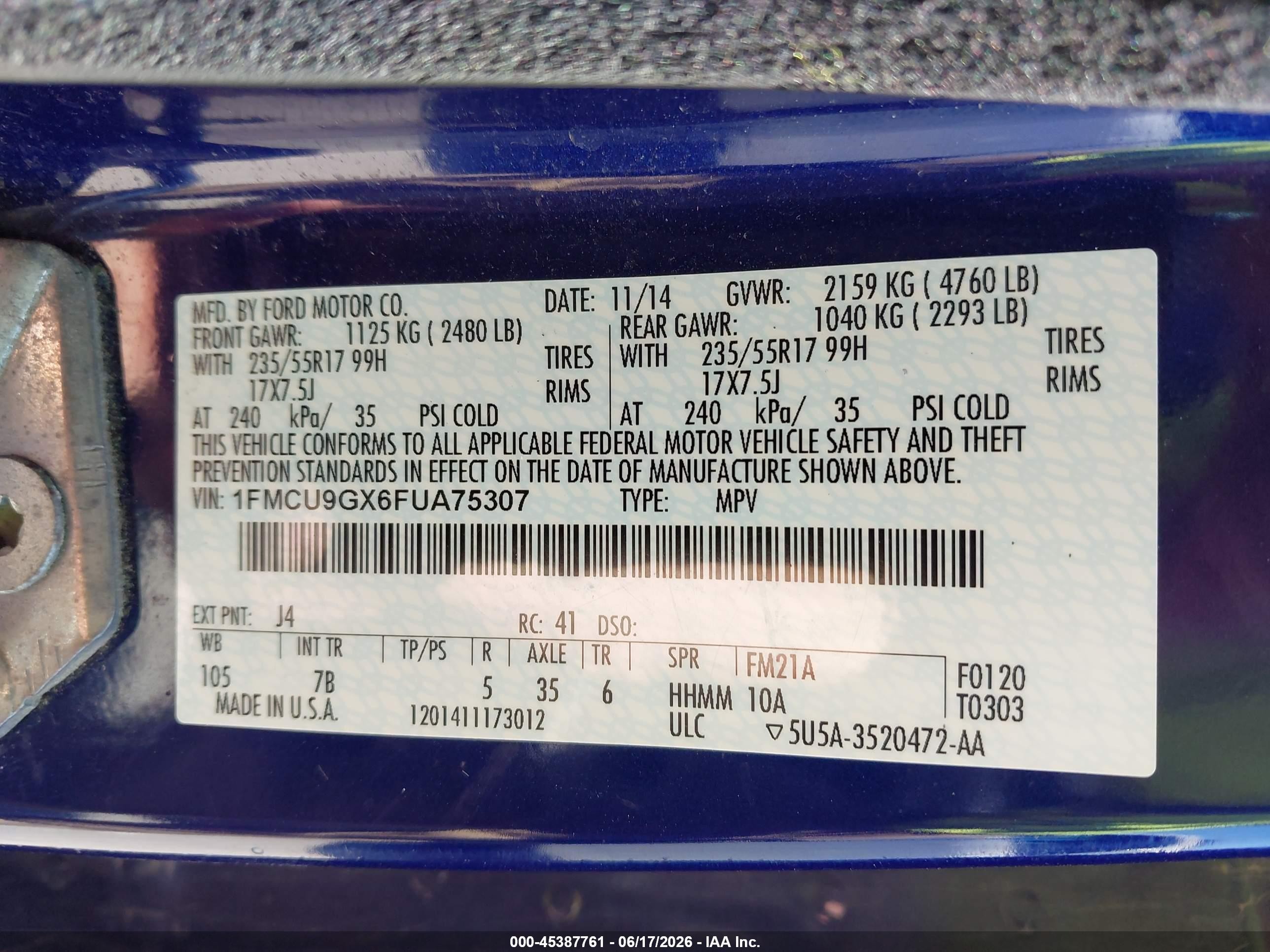 2015 Ford Escape Se Синий vin: 1FMCU9GX6FUA75307