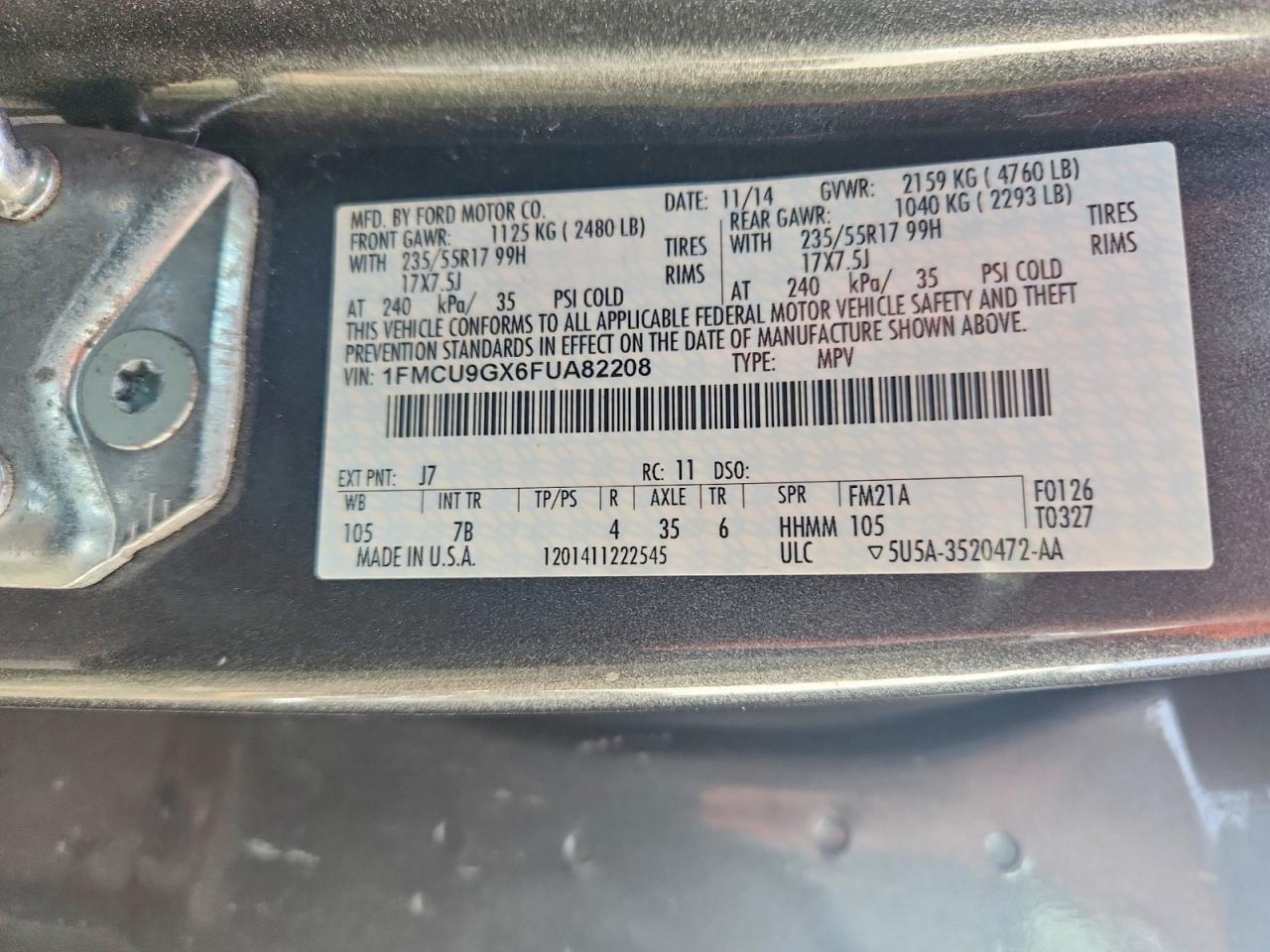 2015 Ford Escape Se Gray vin: 1FMCU9GX6FUA82208