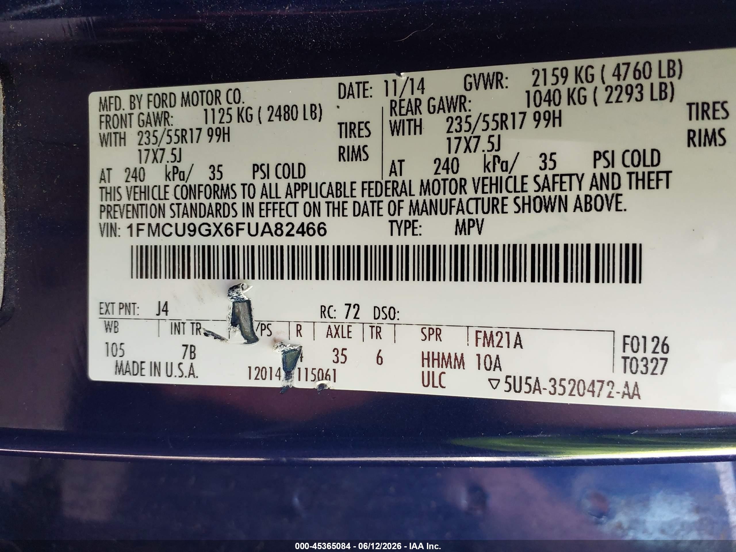 2015 Ford Escape Se Blue vin: 1FMCU9GX6FUA82466
