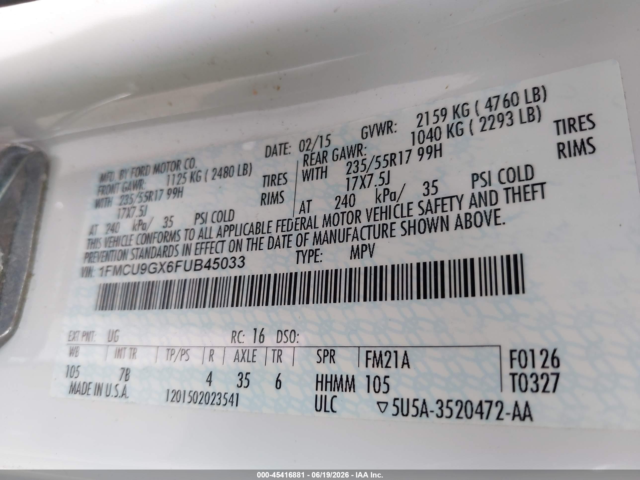 2015 Ford Escape Se White vin: 1FMCU9GX6FUB45033