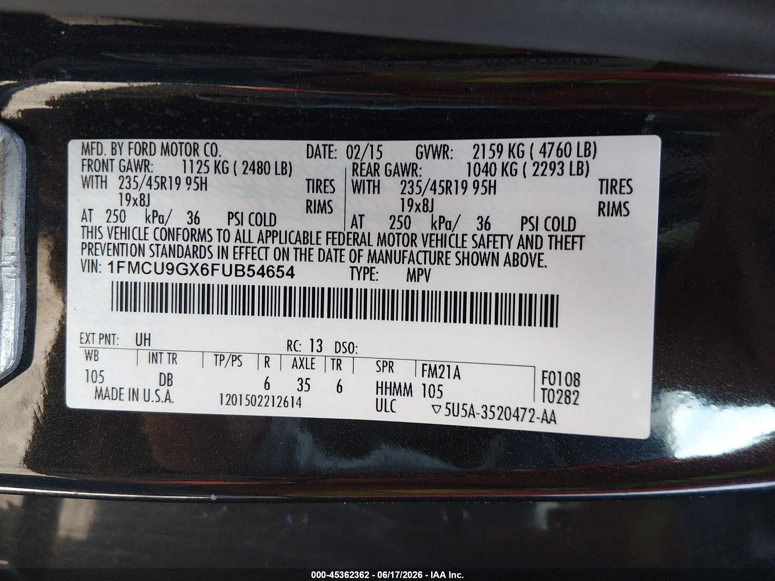2015 Ford Escape Se Black vin: 1FMCU9GX6FUB54654