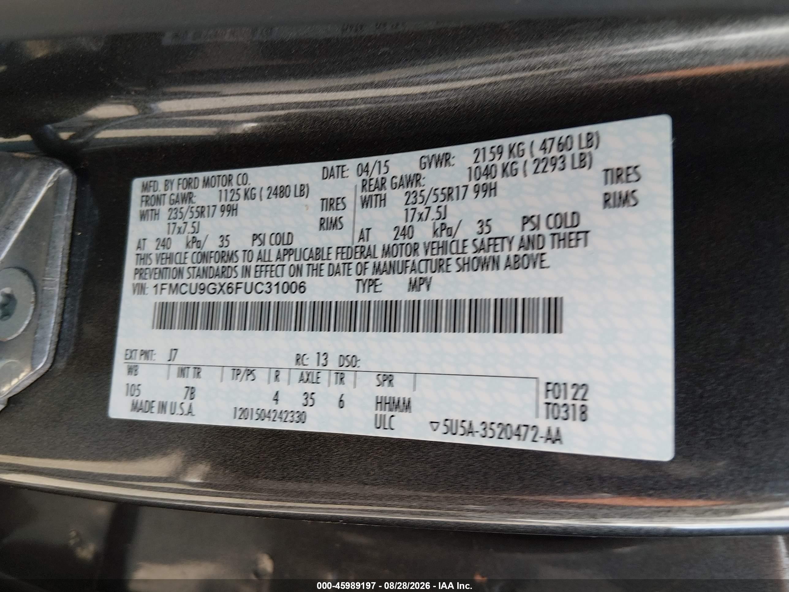 2015 Ford Escape Se Gray vin: 1FMCU9GX6FUC31006
