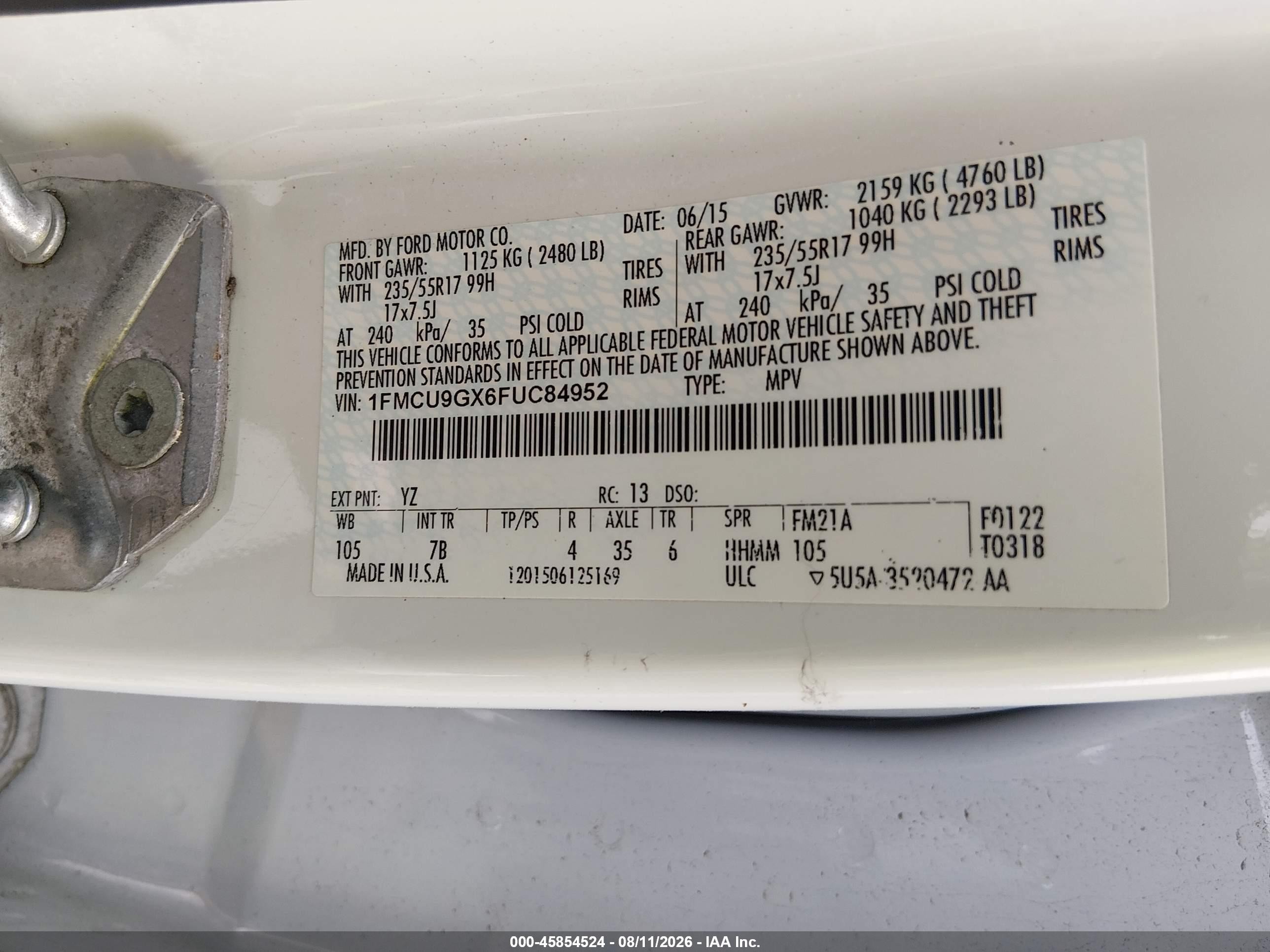 2015 Ford Escape Se White vin: 1FMCU9GX6FUC84952