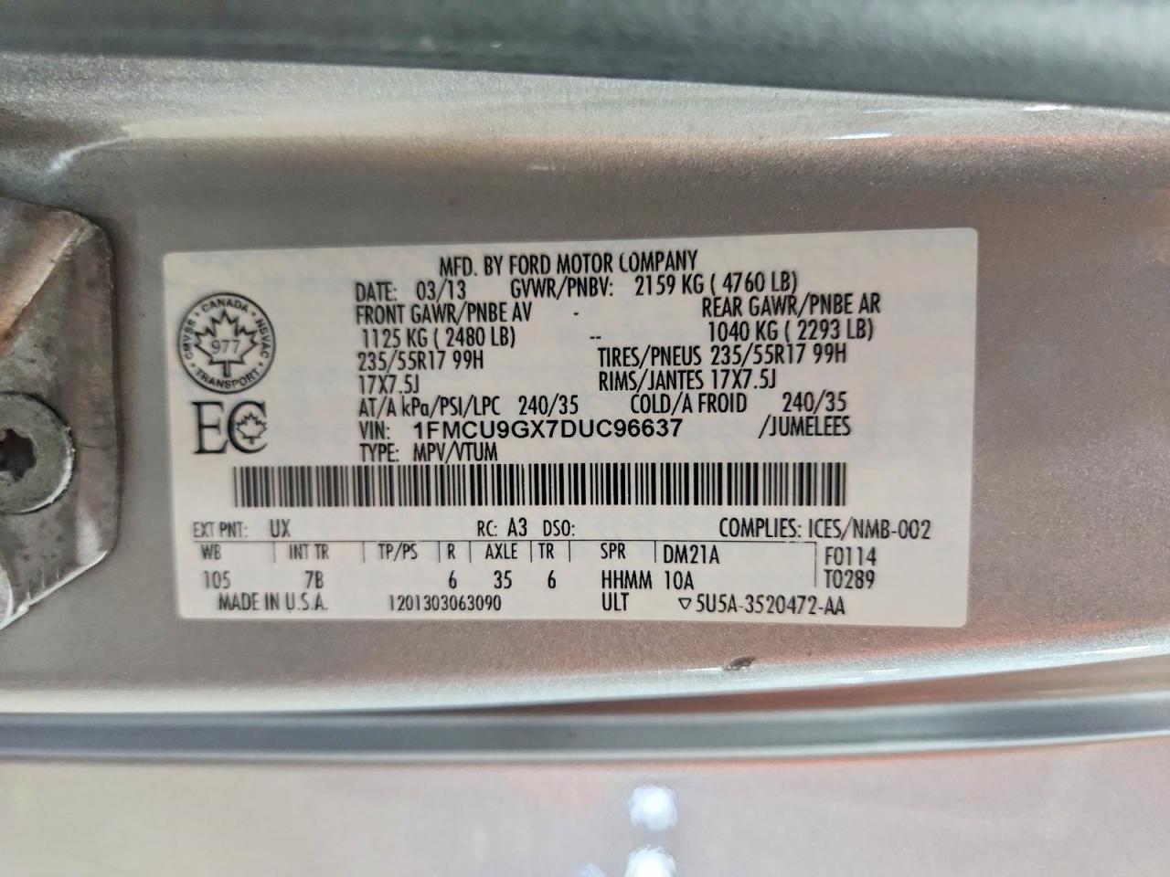 2013 Ford Escape Se Silver vin: 1FMCU9GX7DUC96637
