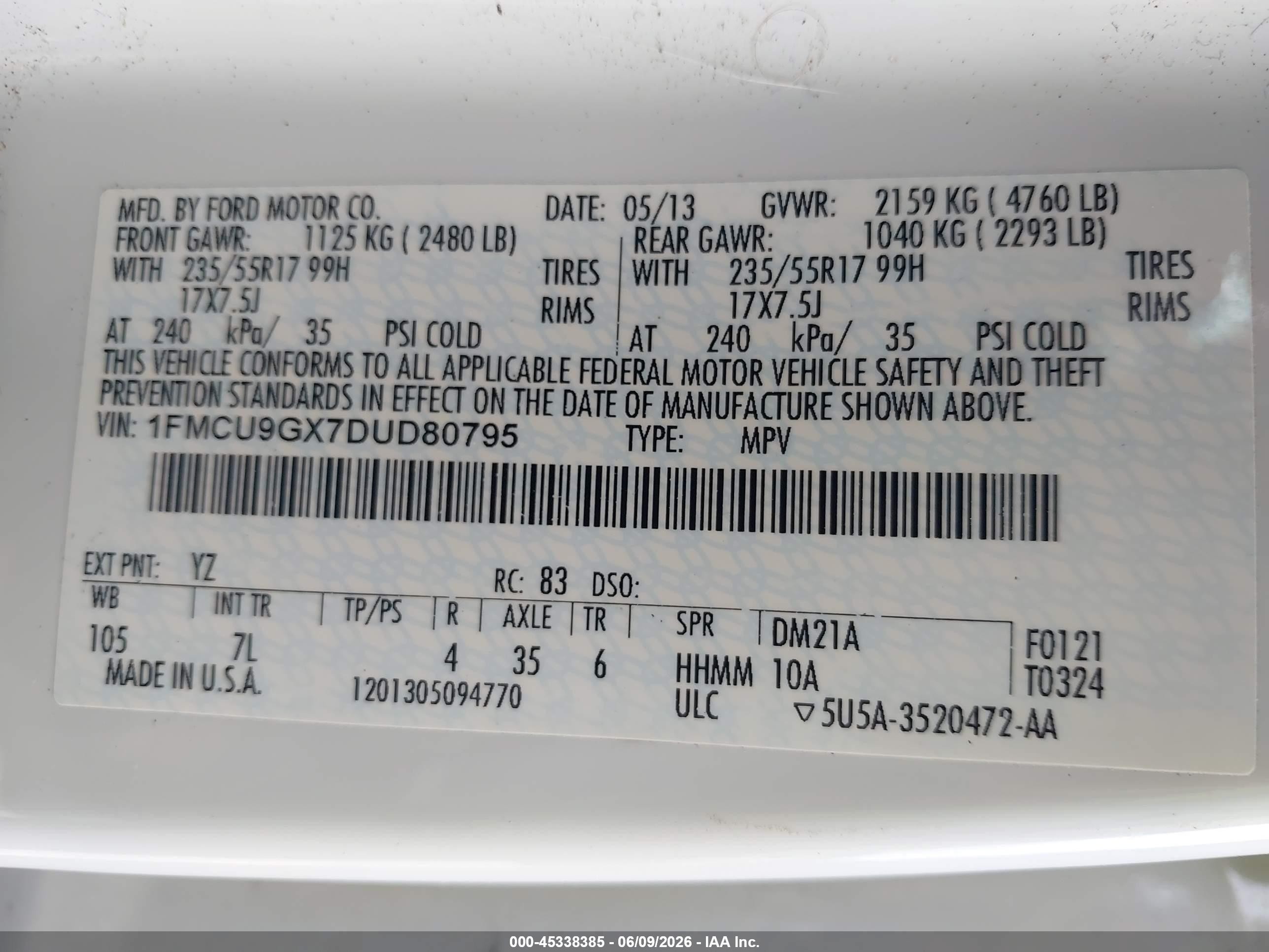 2013 Ford Escape Se White vin: 1FMCU9GX7DUD80795