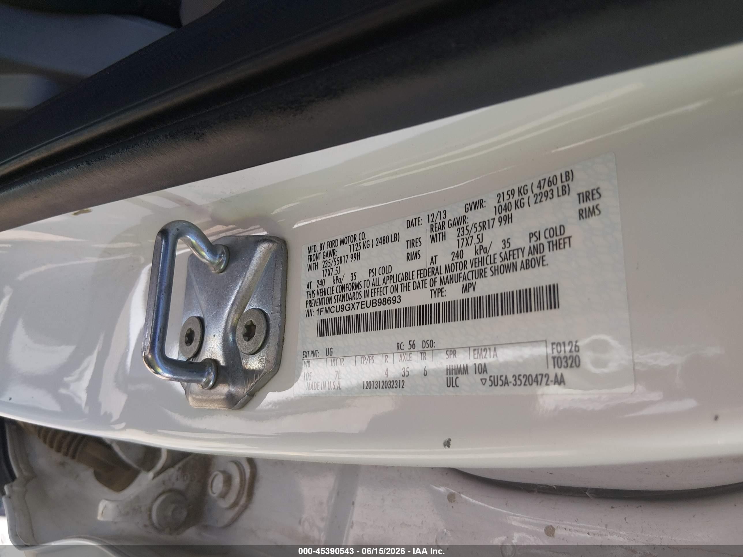 2014 Ford Escape Se White vin: 1FMCU9GX7EUB98693