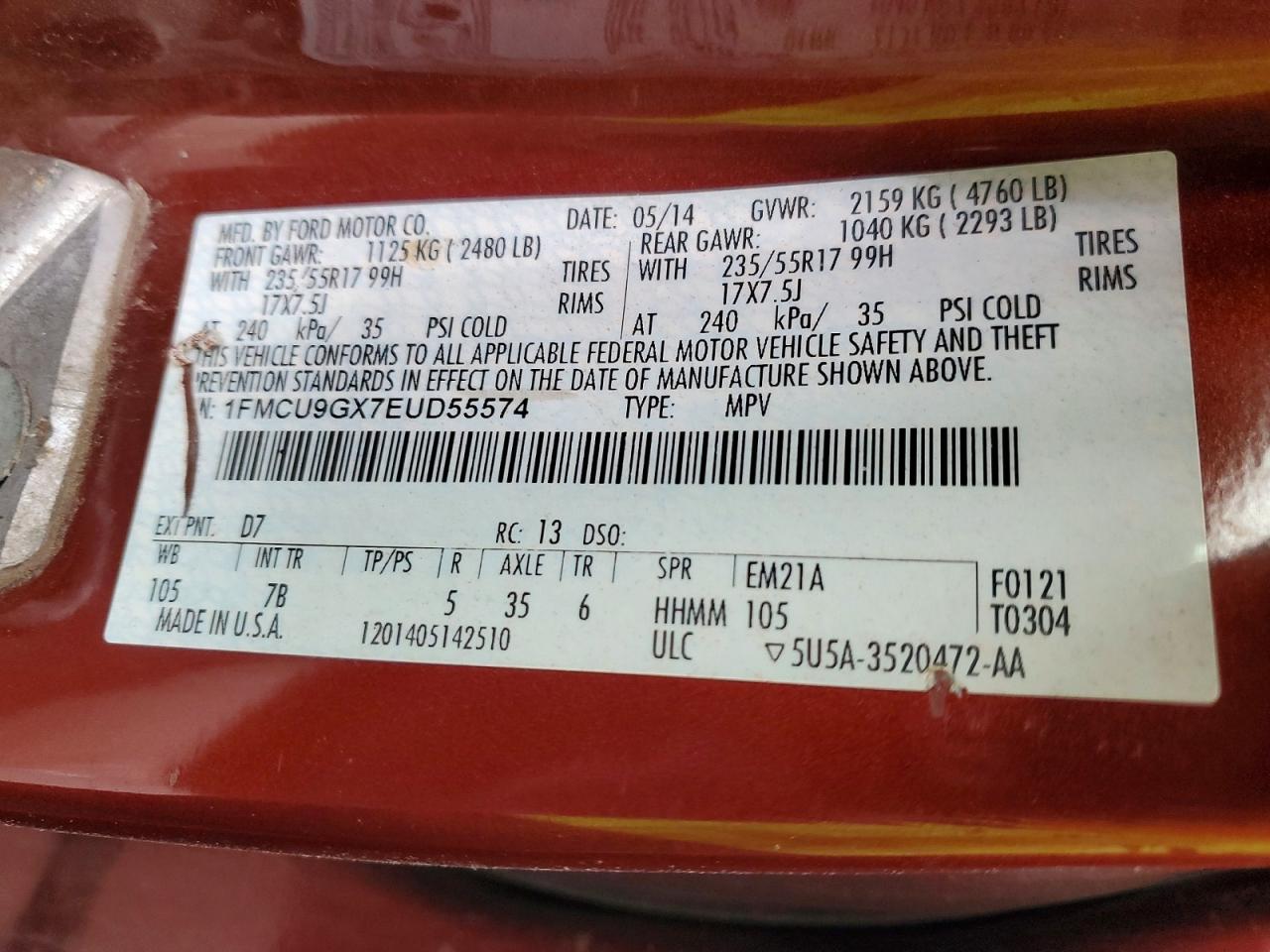 2014 Ford Escape Se Red vin: 1FMCU9GX7EUD55574