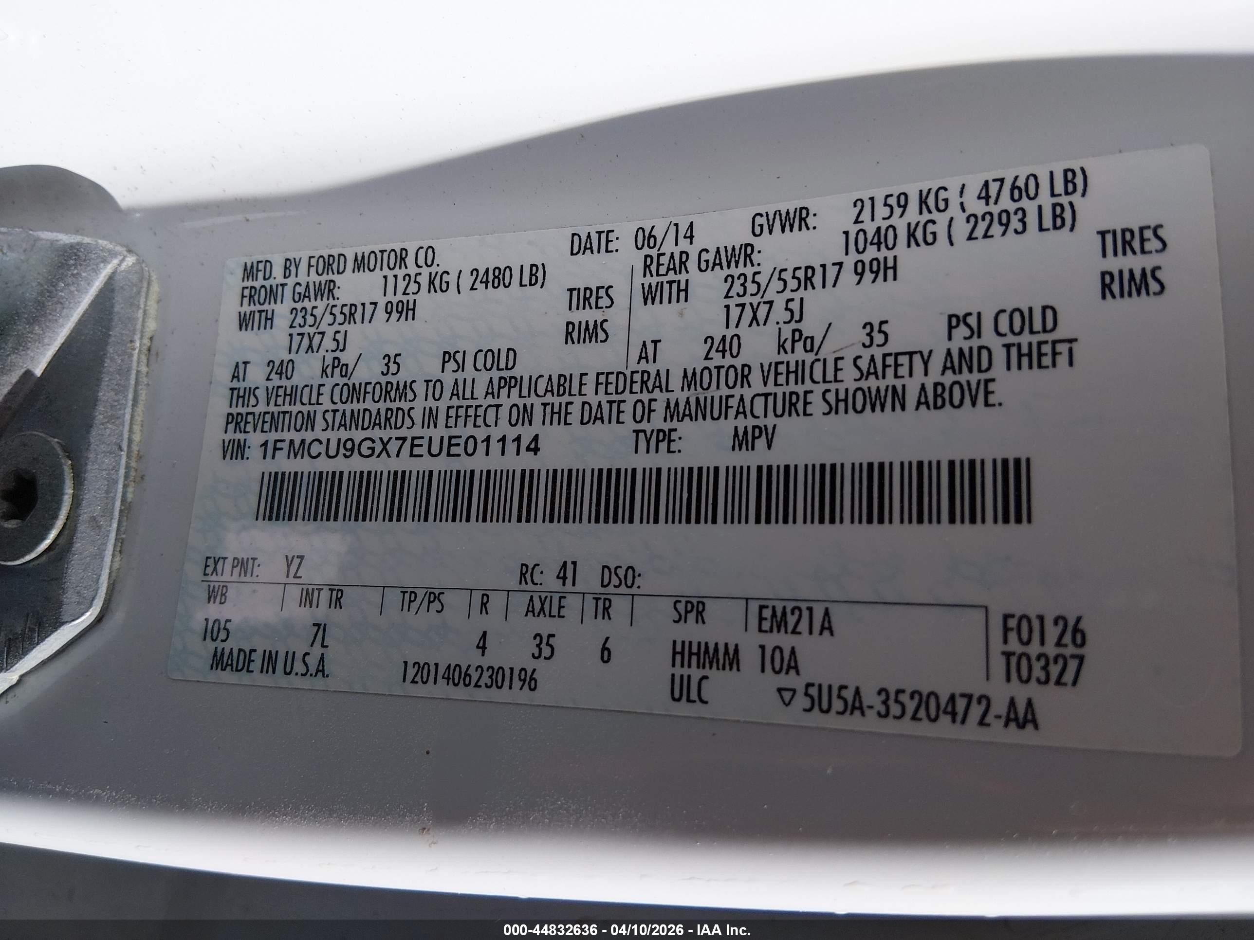 2014 Ford Escape Se White vin: 1FMCU9GX7EUE01114