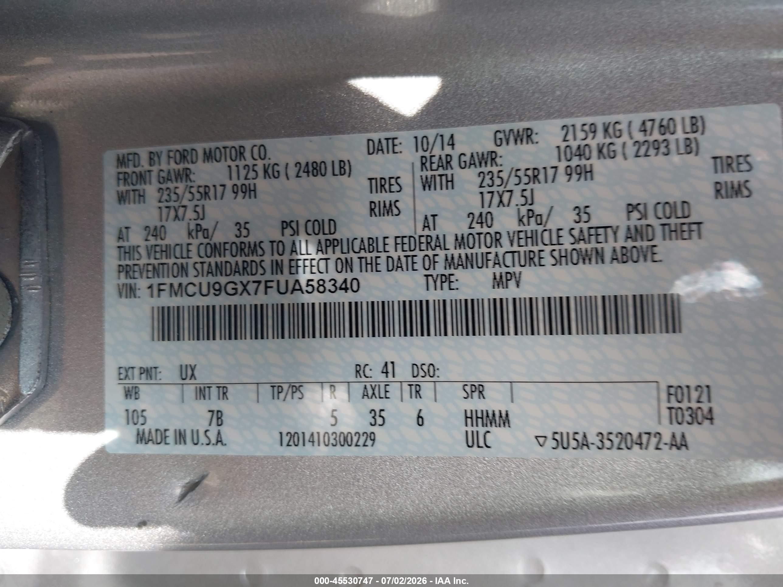 2015 Ford Escape Se Silver vin: 1FMCU9GX7FUA58340