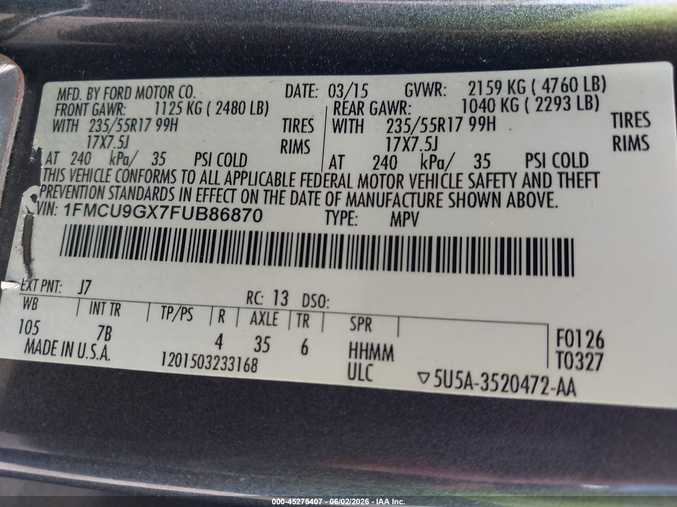 2015 Ford Escape Se Gray vin: 1FMCU9GX7FUB86870