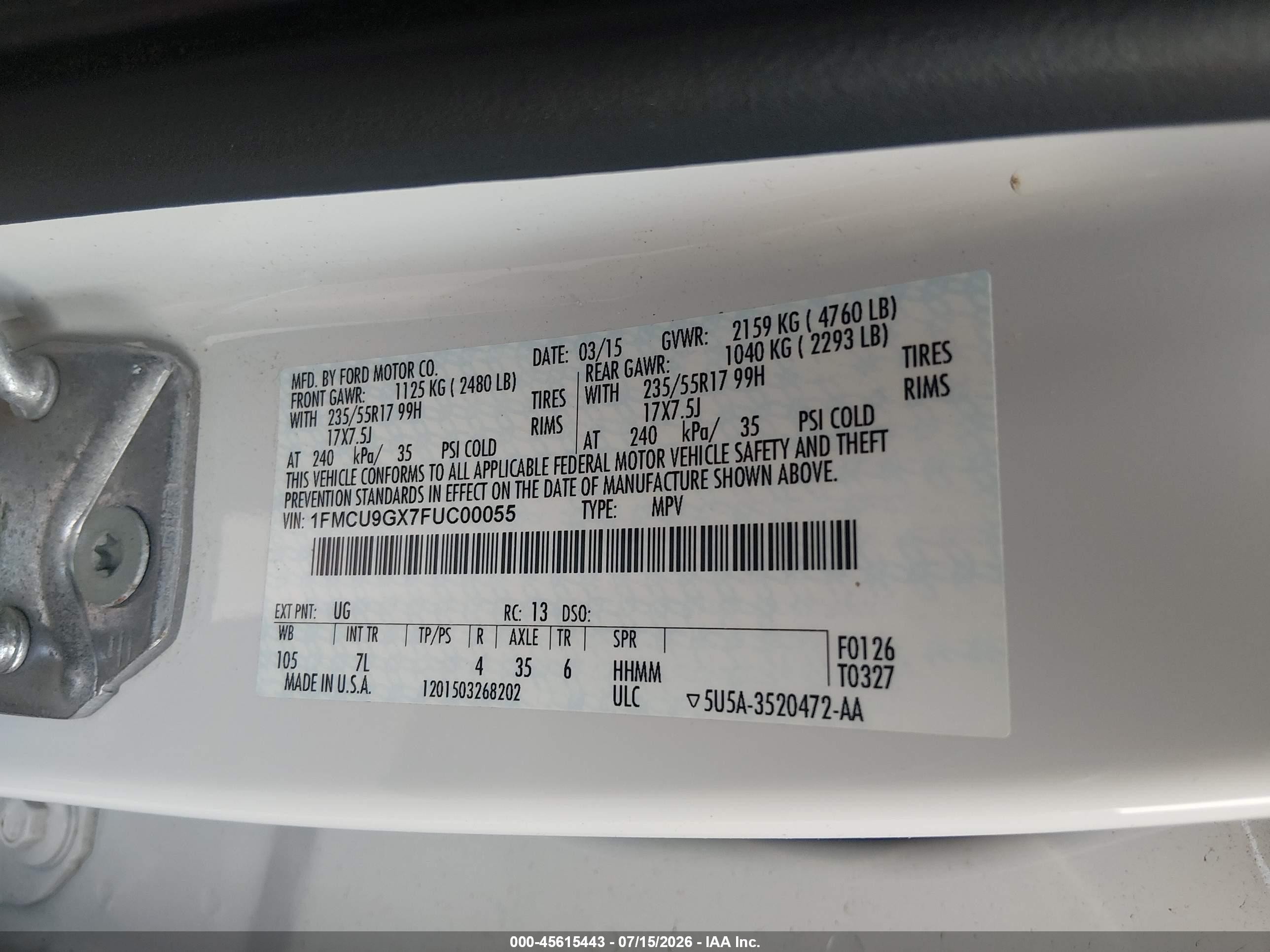 2015 Ford Escape Se White vin: 1FMCU9GX7FUC00055