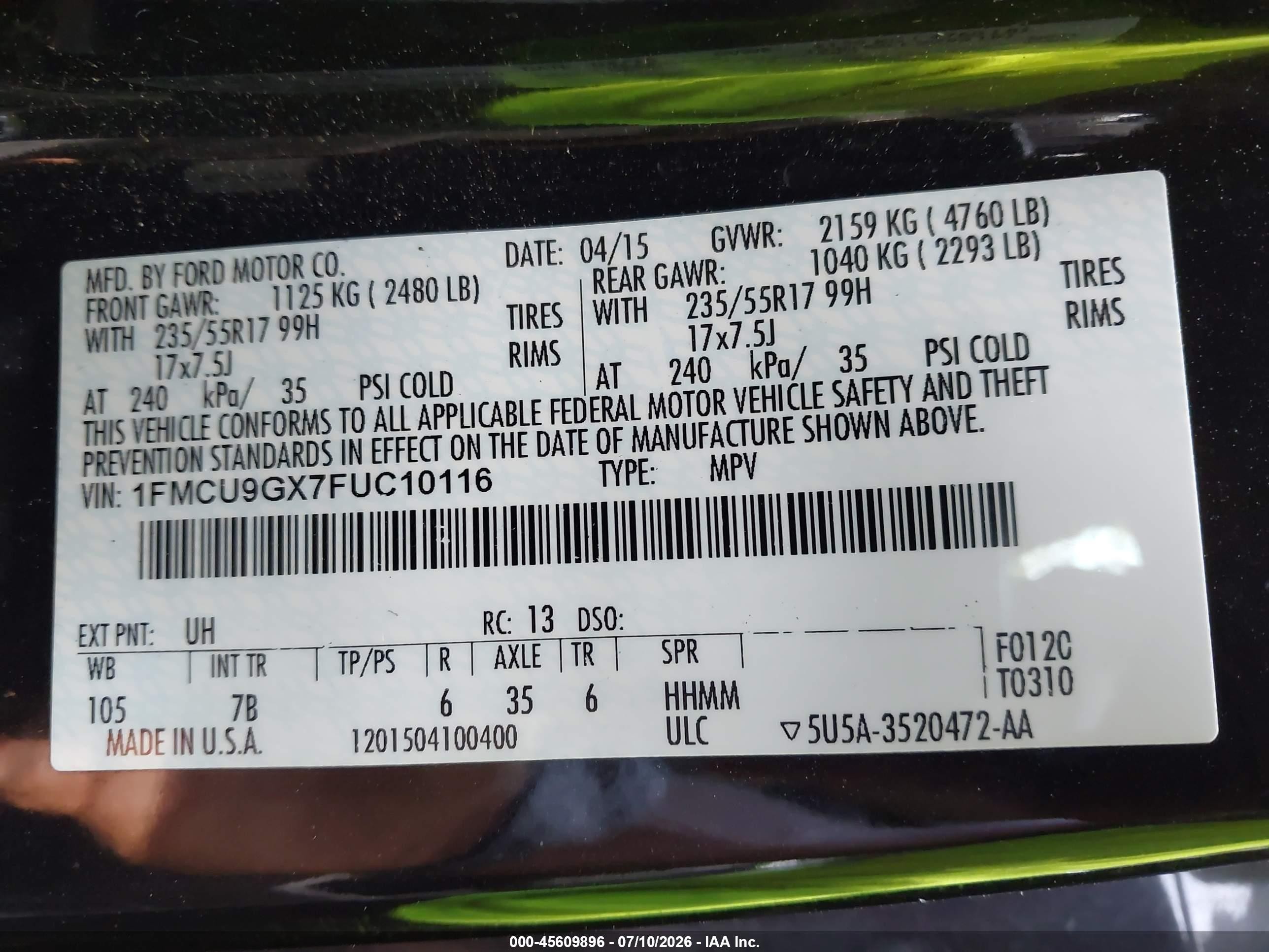 2015 Ford Escape Se Black vin: 1FMCU9GX7FUC10116