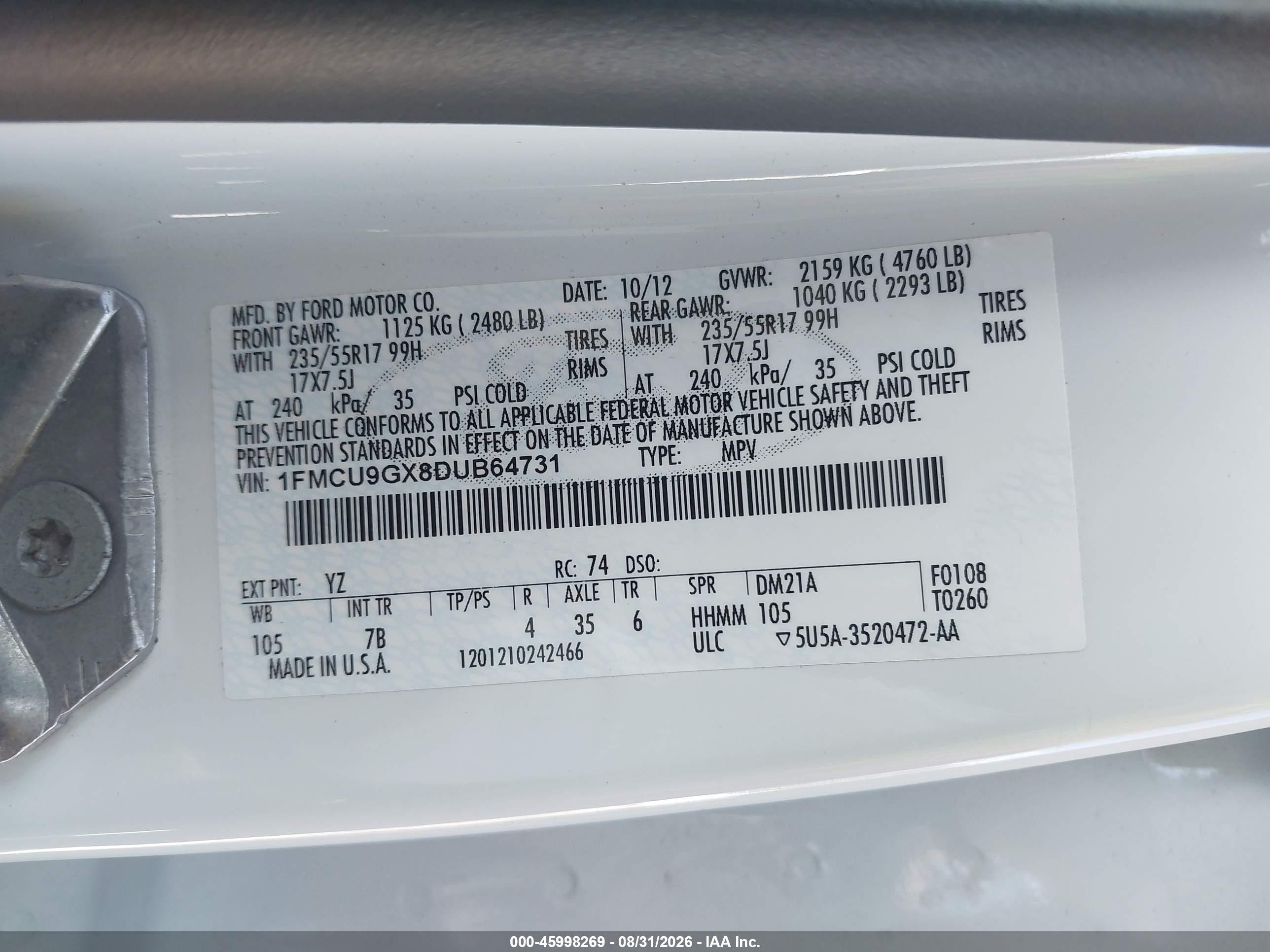 2013 Ford Escape Se Белый vin: 1FMCU9GX8DUB64731