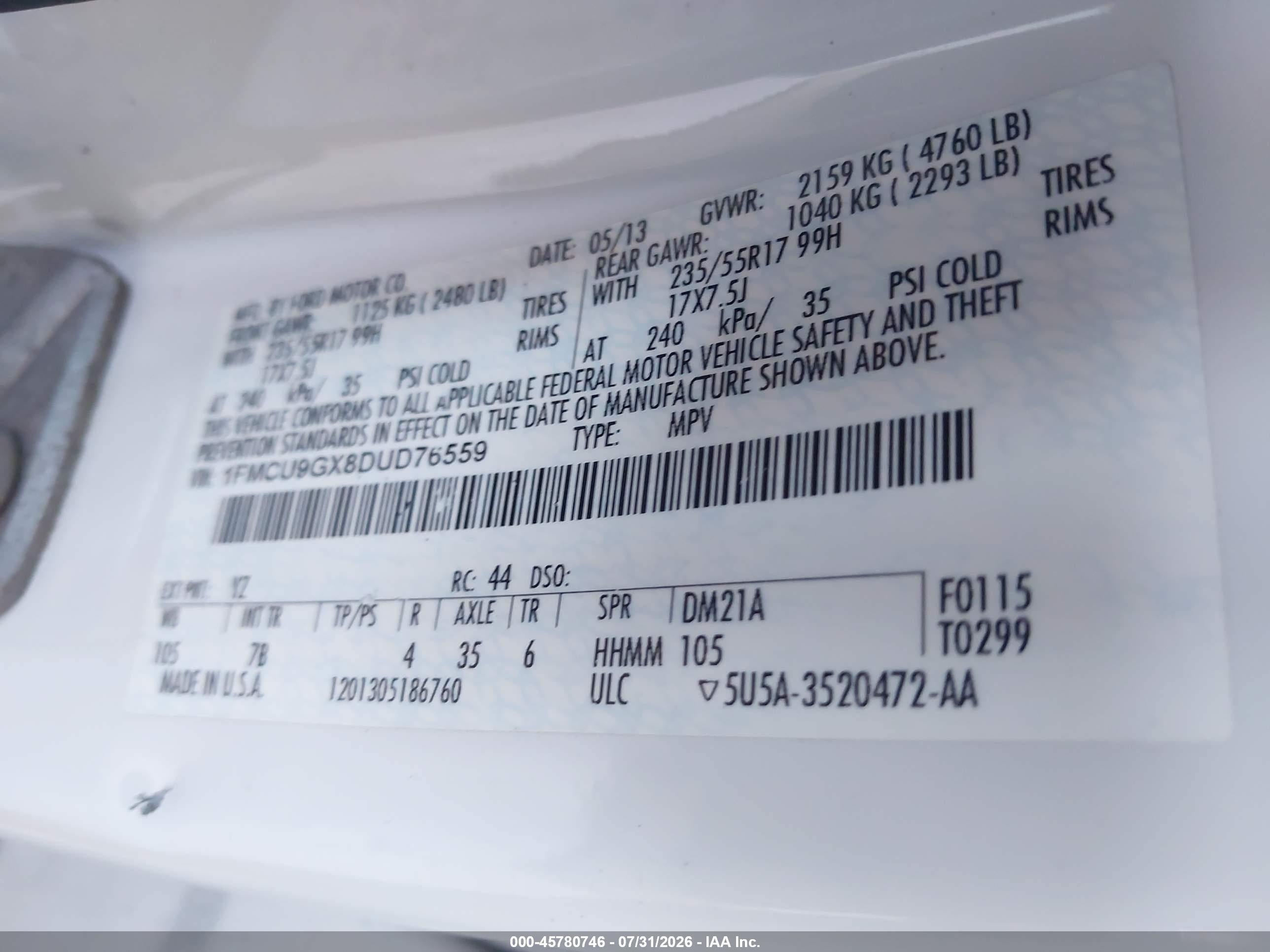 2013 Ford Escape Se White vin: 1FMCU9GX8DUD76559