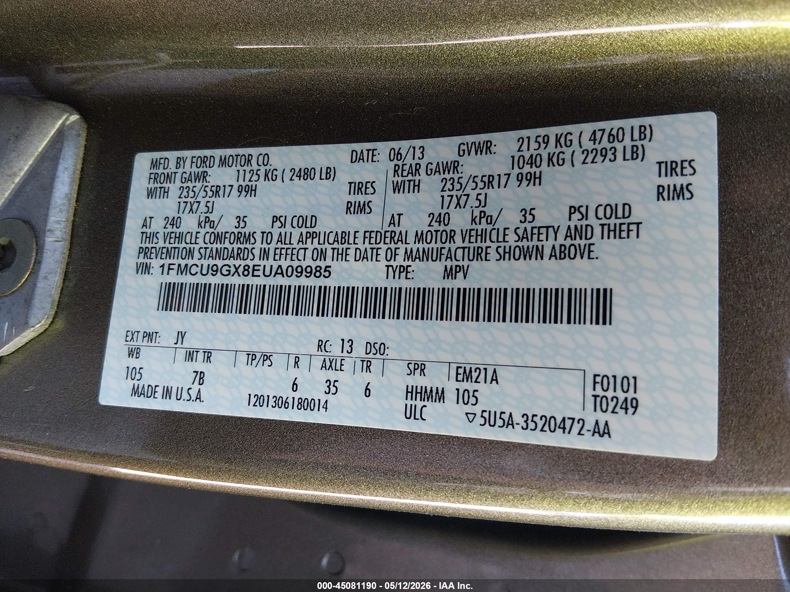 2014 Ford Escape Se Green vin: 1FMCU9GX8EUA09985