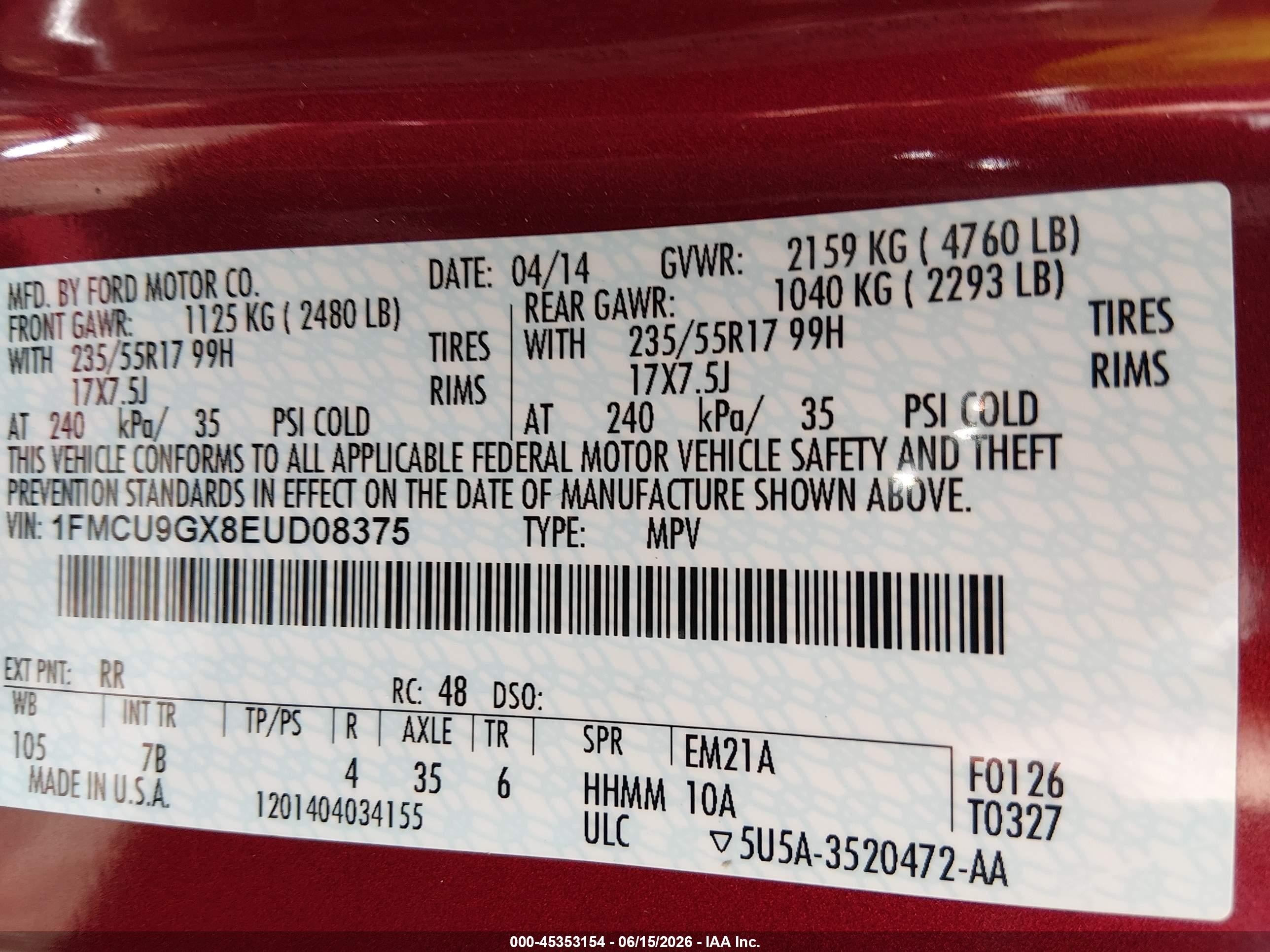 2014 Ford Escape Se Red vin: 1FMCU9GX8EUD08375