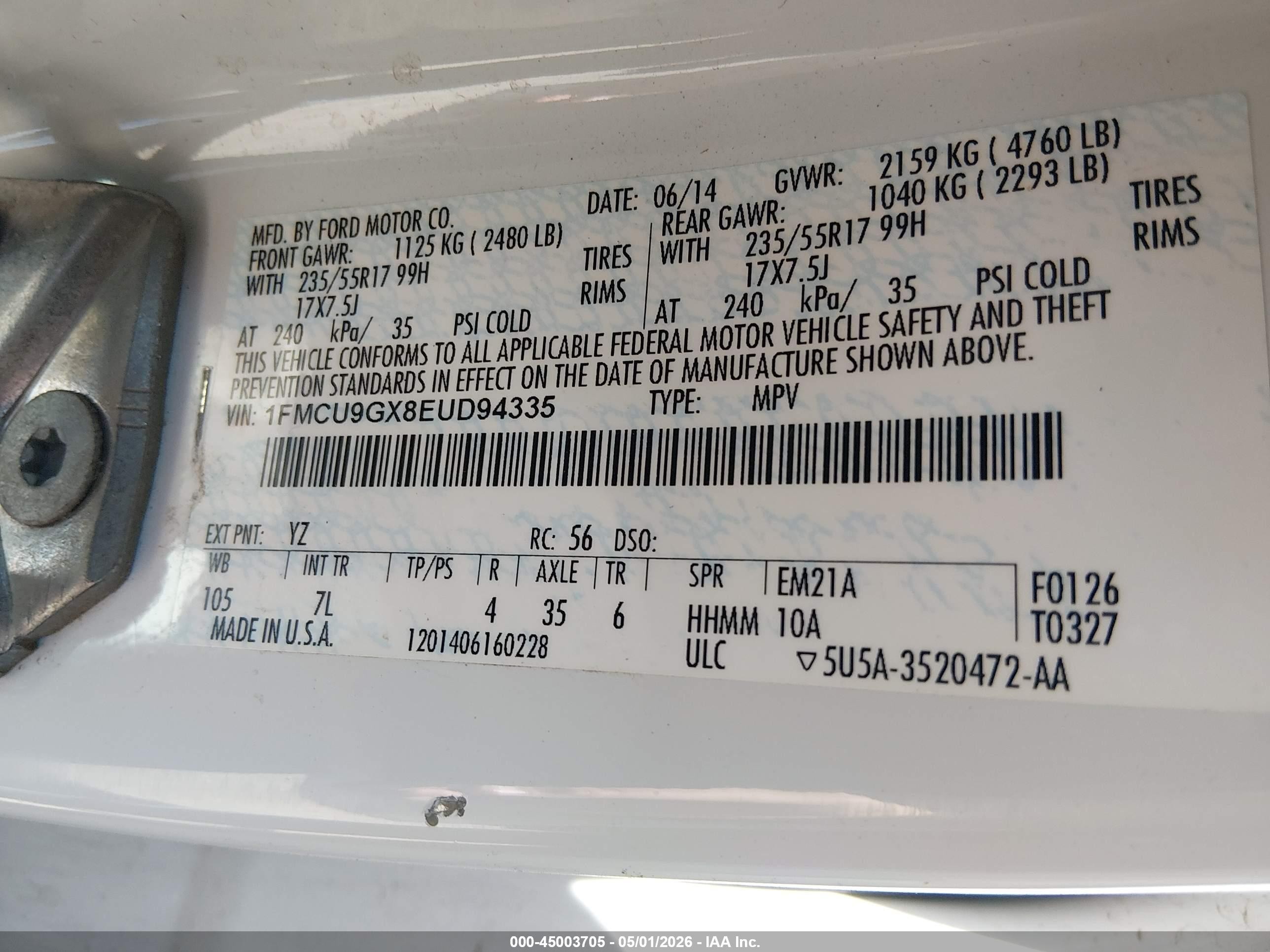 2014 Ford Escape Se Белый vin: 1FMCU9GX8EUD94335