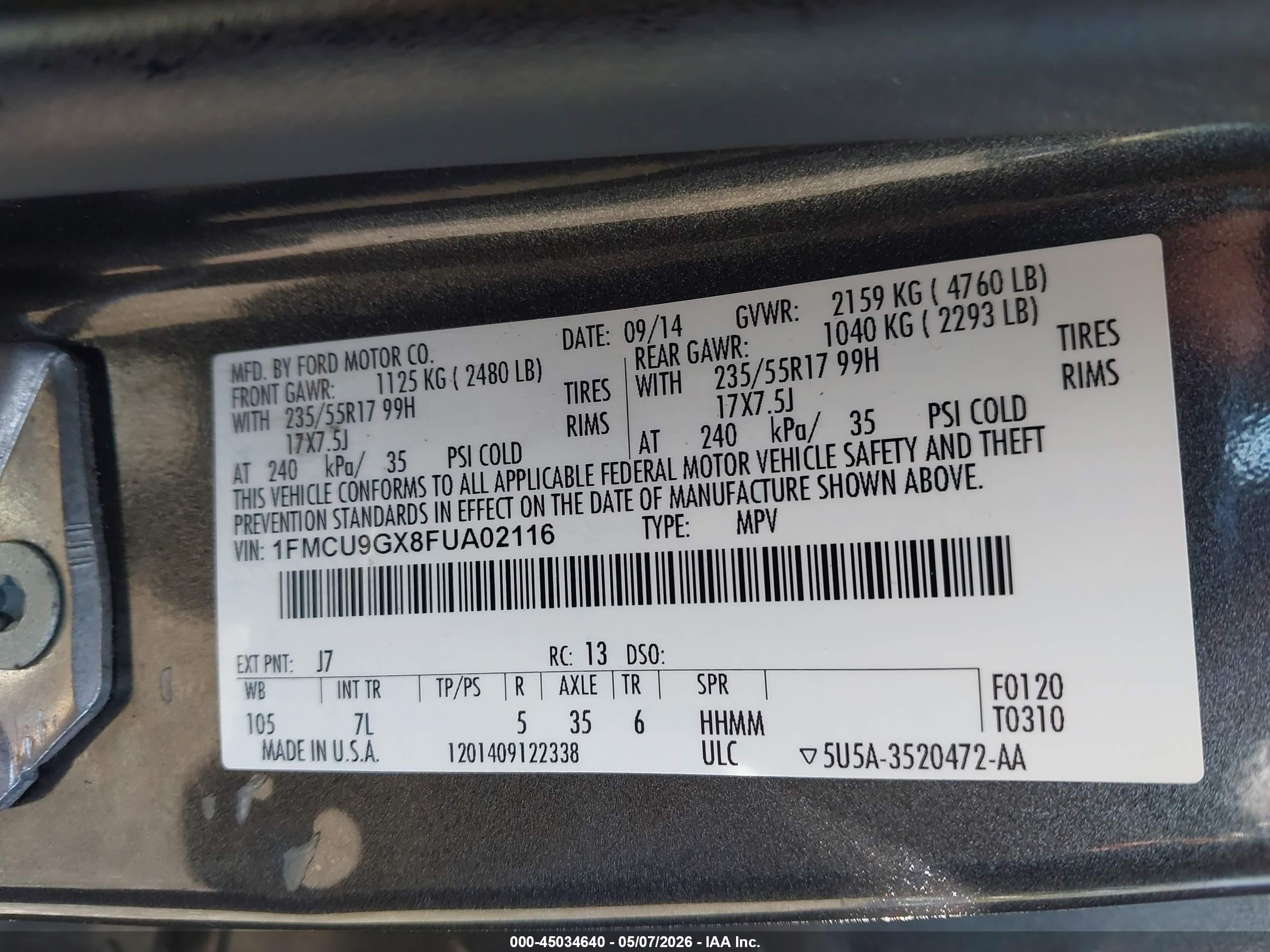 2015 Ford Escape Se Gray vin: 1FMCU9GX8FUA02116