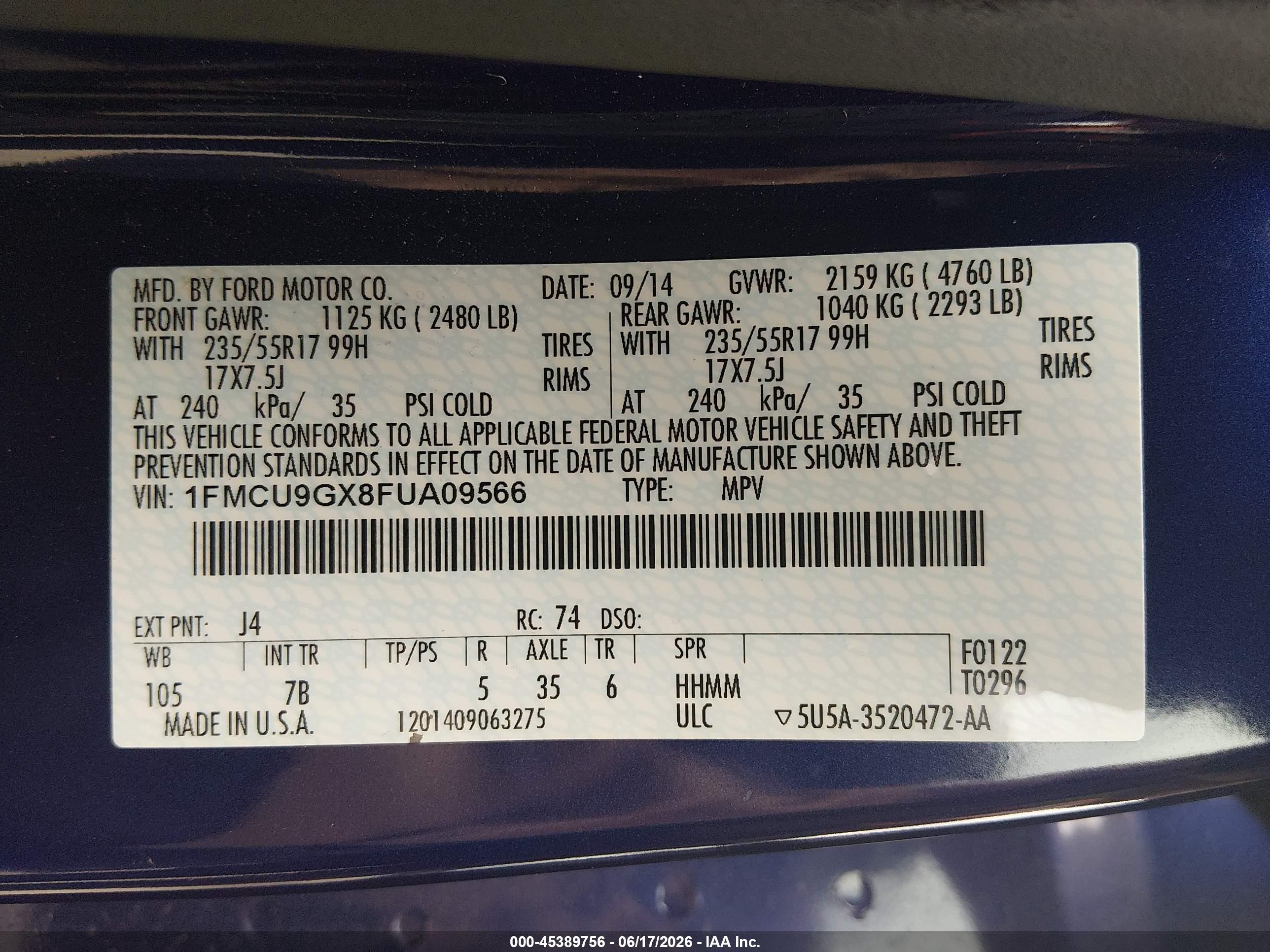 2015 Ford Escape Se Blue vin: 1FMCU9GX8FUA09566