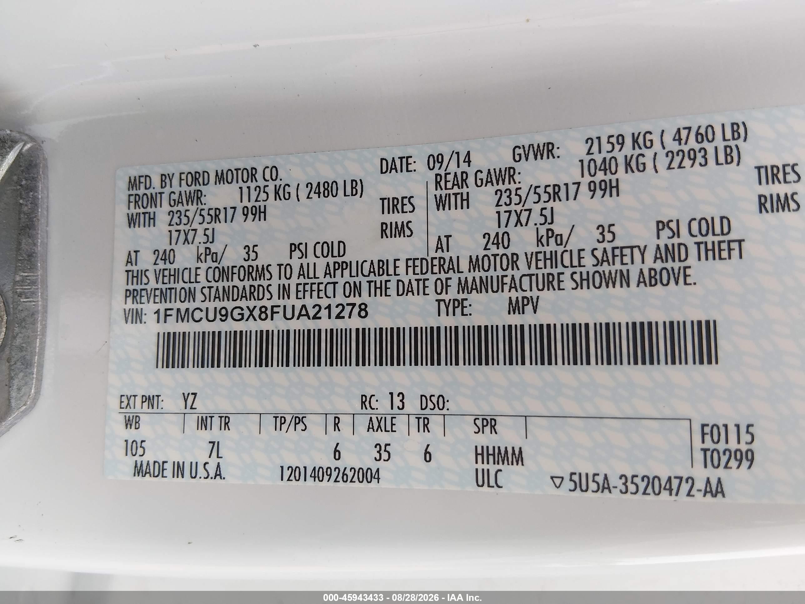 2015 Ford Escape Se White vin: 1FMCU9GX8FUA21278