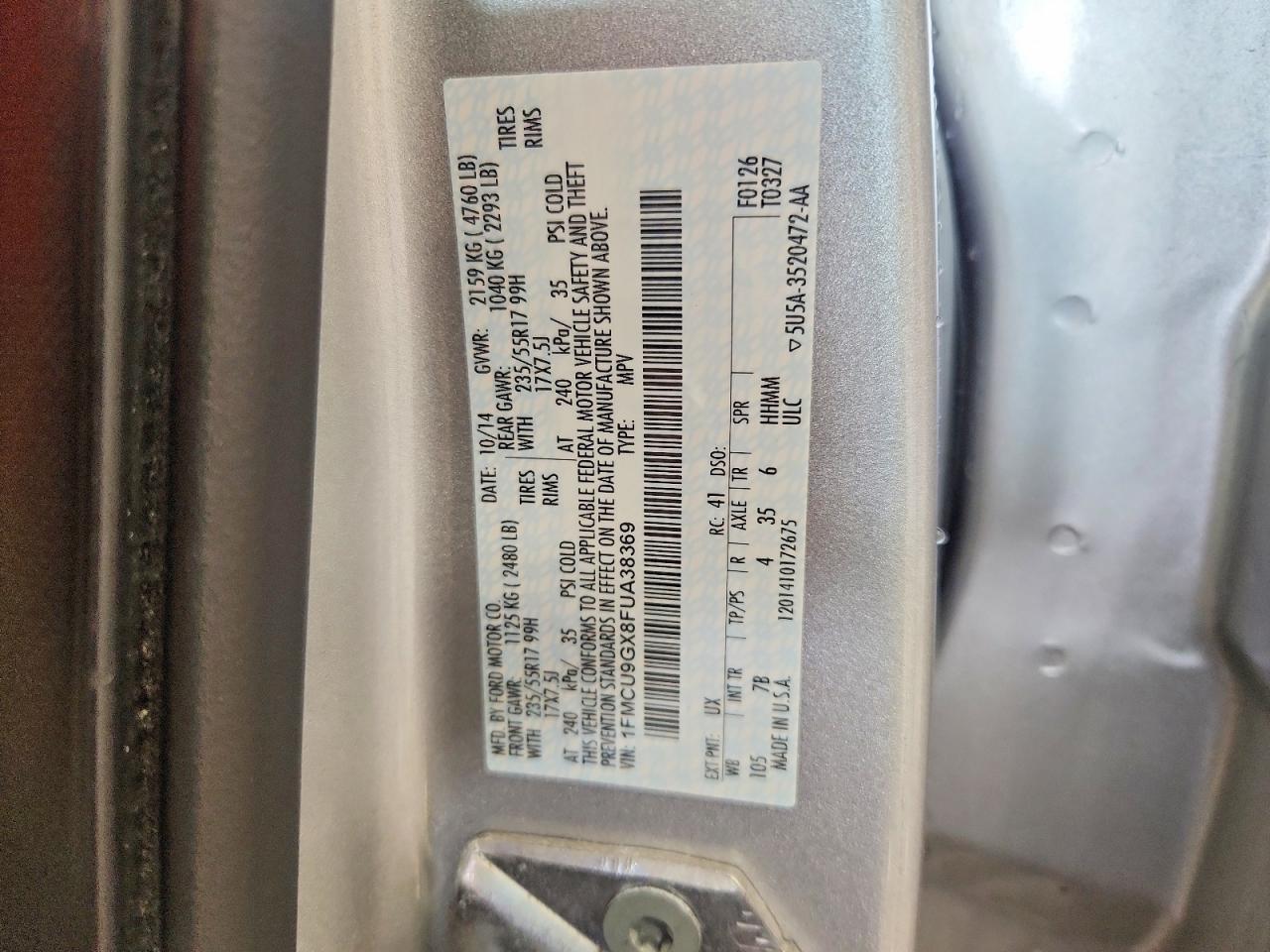 2015 Ford Escape Se Silver vin: 1FMCU9GX8FUA38369