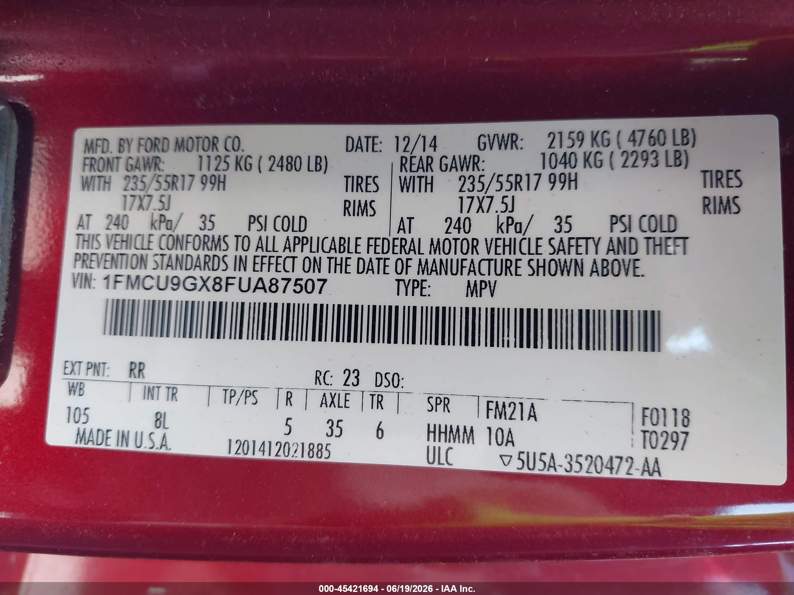 2015 Ford Escape Se Красный vin: 1FMCU9GX8FUA87507