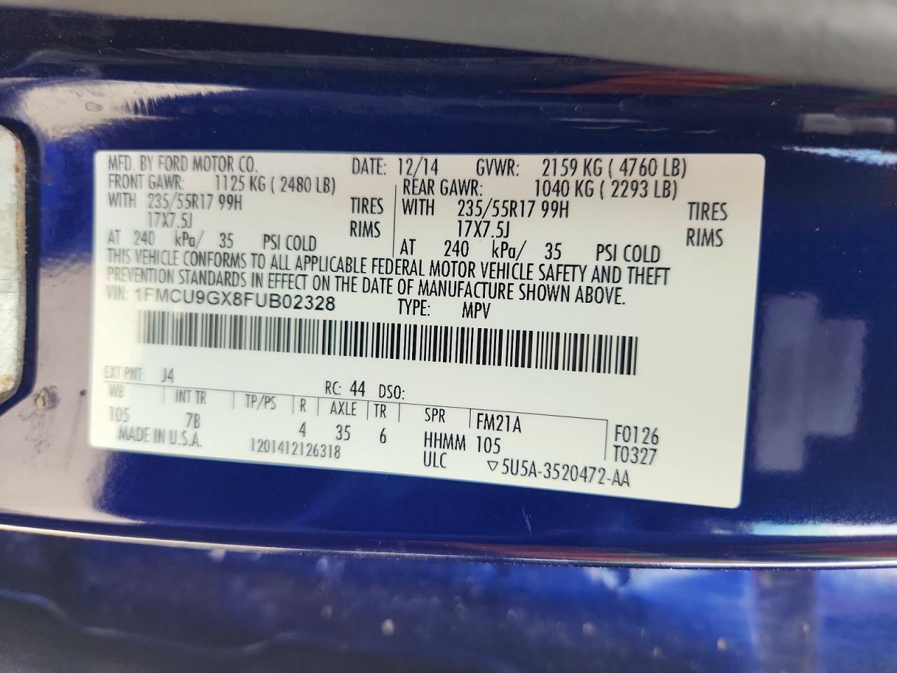2015 Ford Escape Se Blue vin: 1FMCU9GX8FUB02328