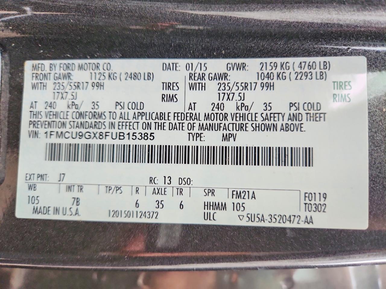 2015 Ford Escape Se Gray vin: 1FMCU9GX8FUB15385