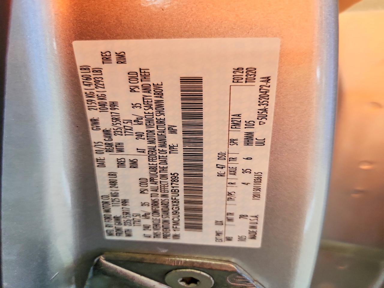 2015 Ford Escape Se Silver vin: 1FMCU9GX8FUB17895