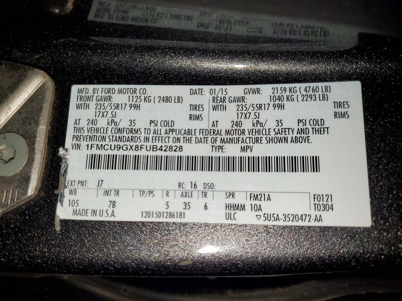 2015 Ford Escape Se Charcoal vin: 1FMCU9GX8FUB42828