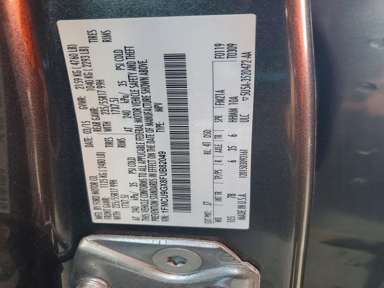 2015 Ford Escape Se Серый vin: 1FMCU9GX8FUB82049
