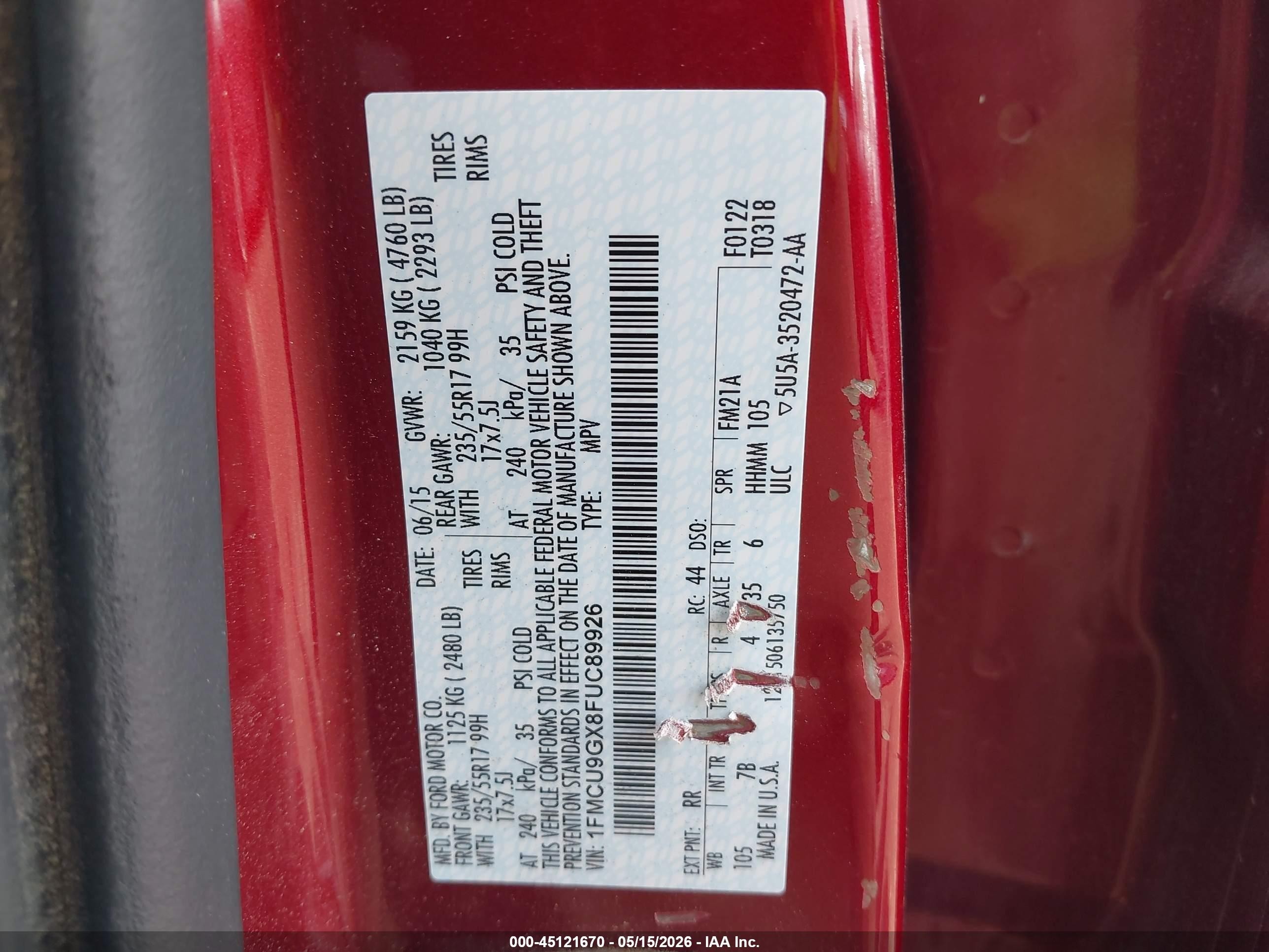 2015 Ford Escape Se Red vin: 1FMCU9GX8FUC89926