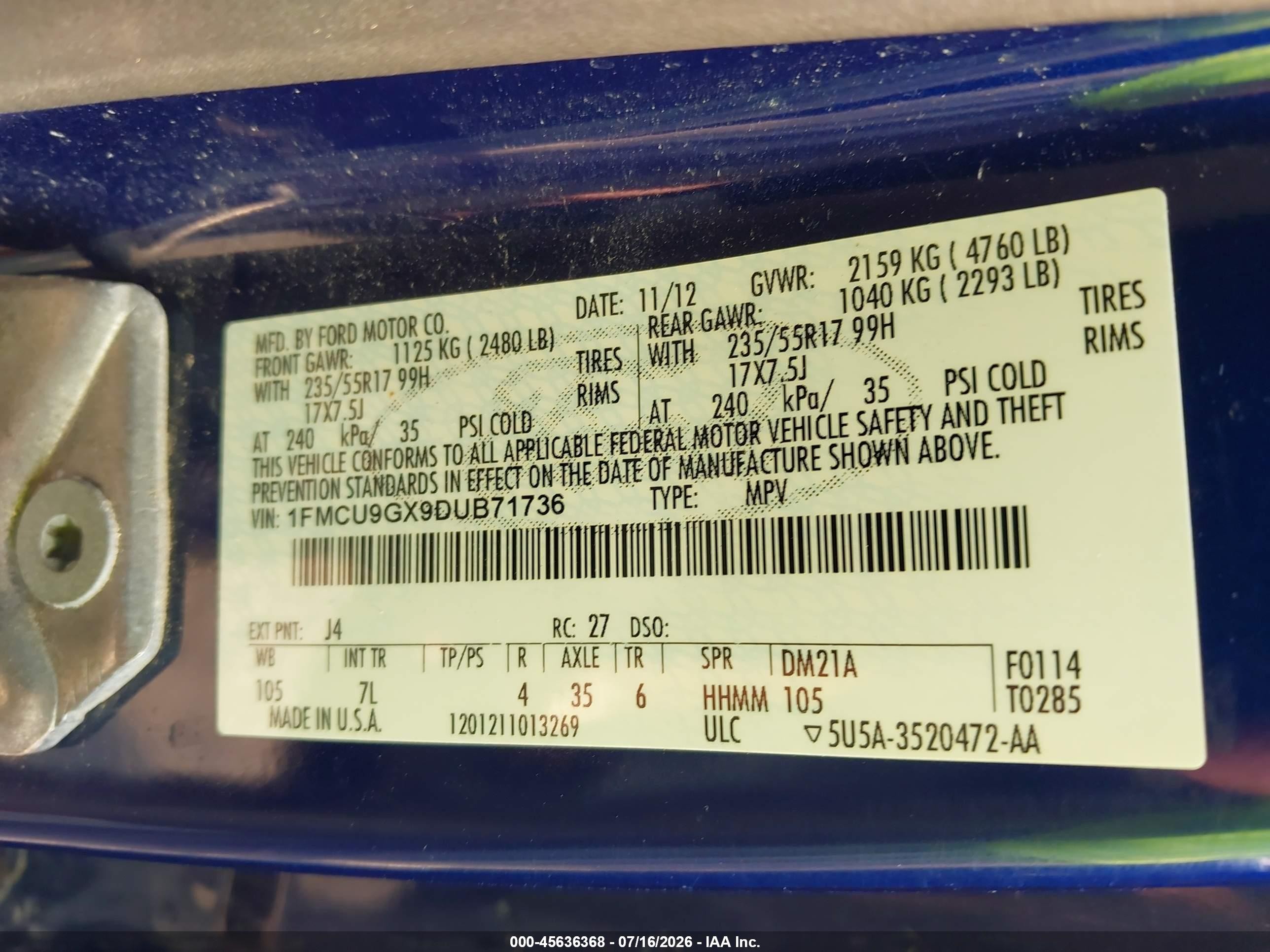 2013 Ford Escape Se Blue vin: 1FMCU9GX9DUB71736