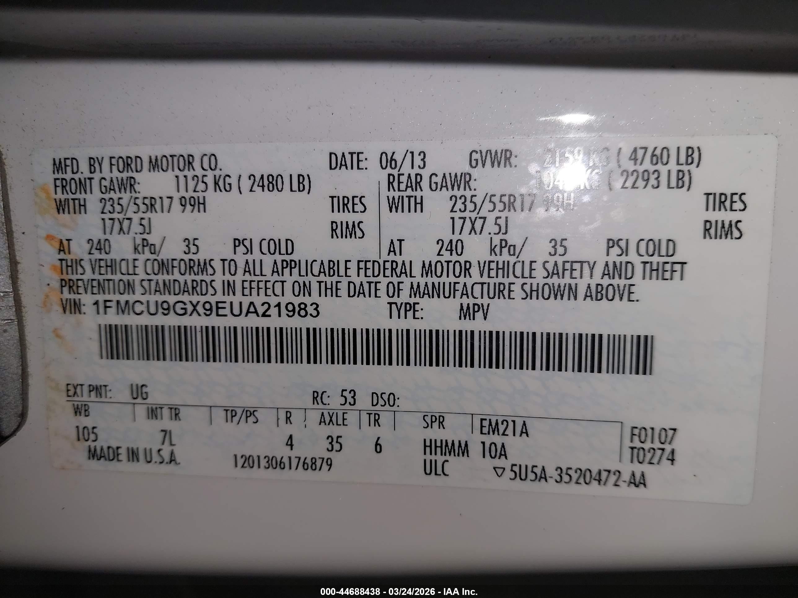 2014 Ford Escape Se White vin: 1FMCU9GX9EUA21983