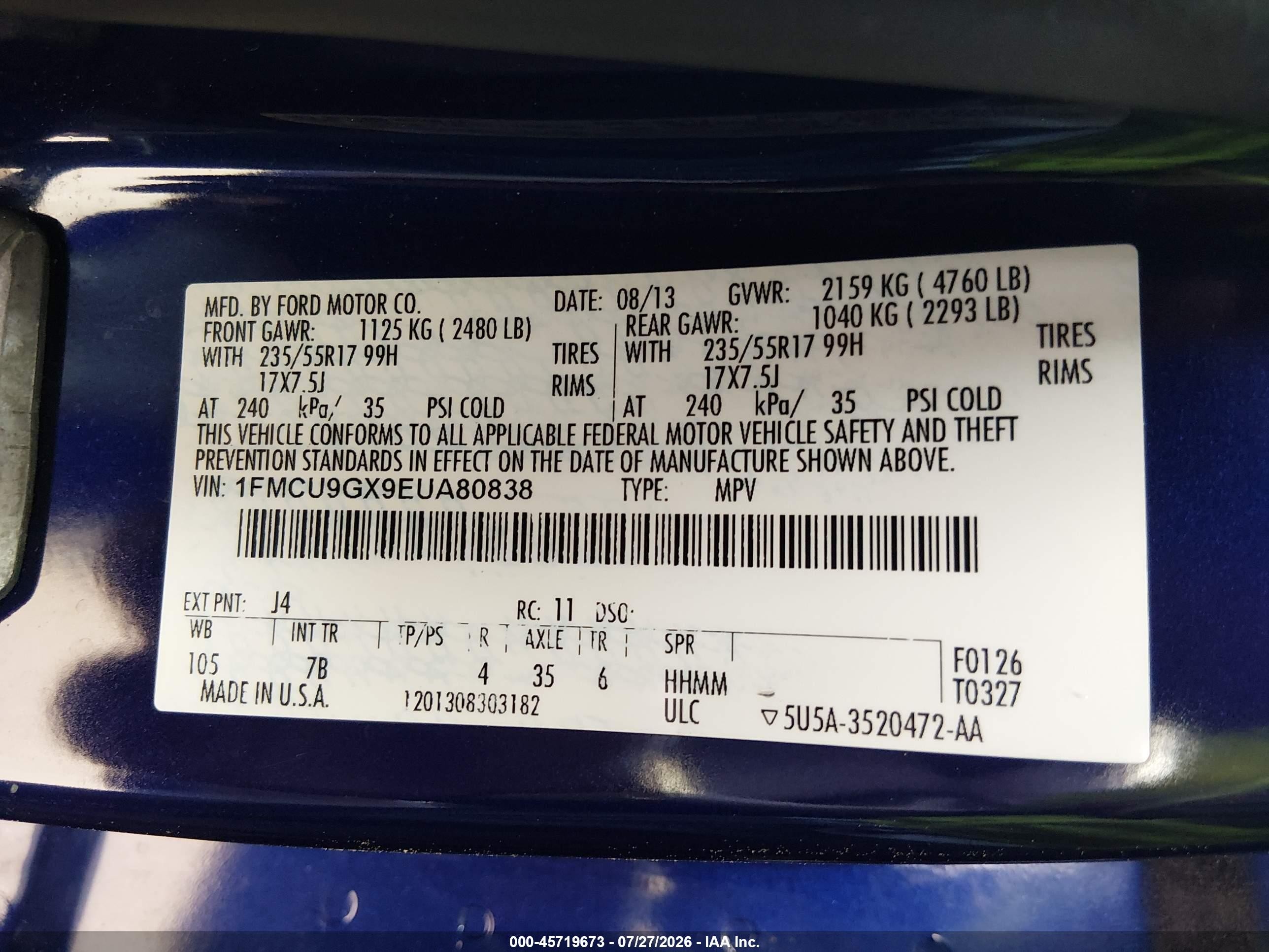 2014 Ford Escape Se Blue vin: 1FMCU9GX9EUA80838