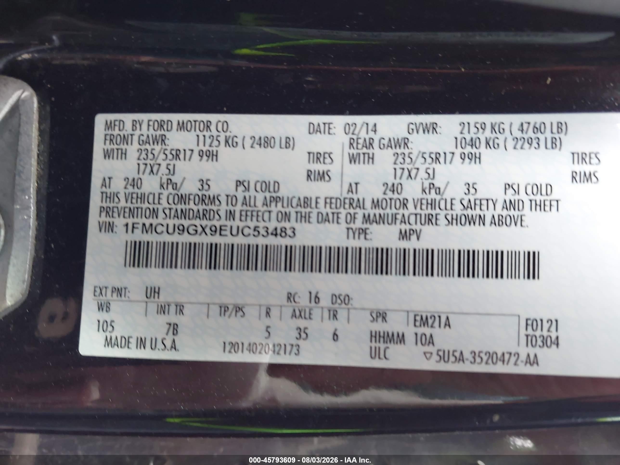 2014 Ford Escape Se Black vin: 1FMCU9GX9EUC53483