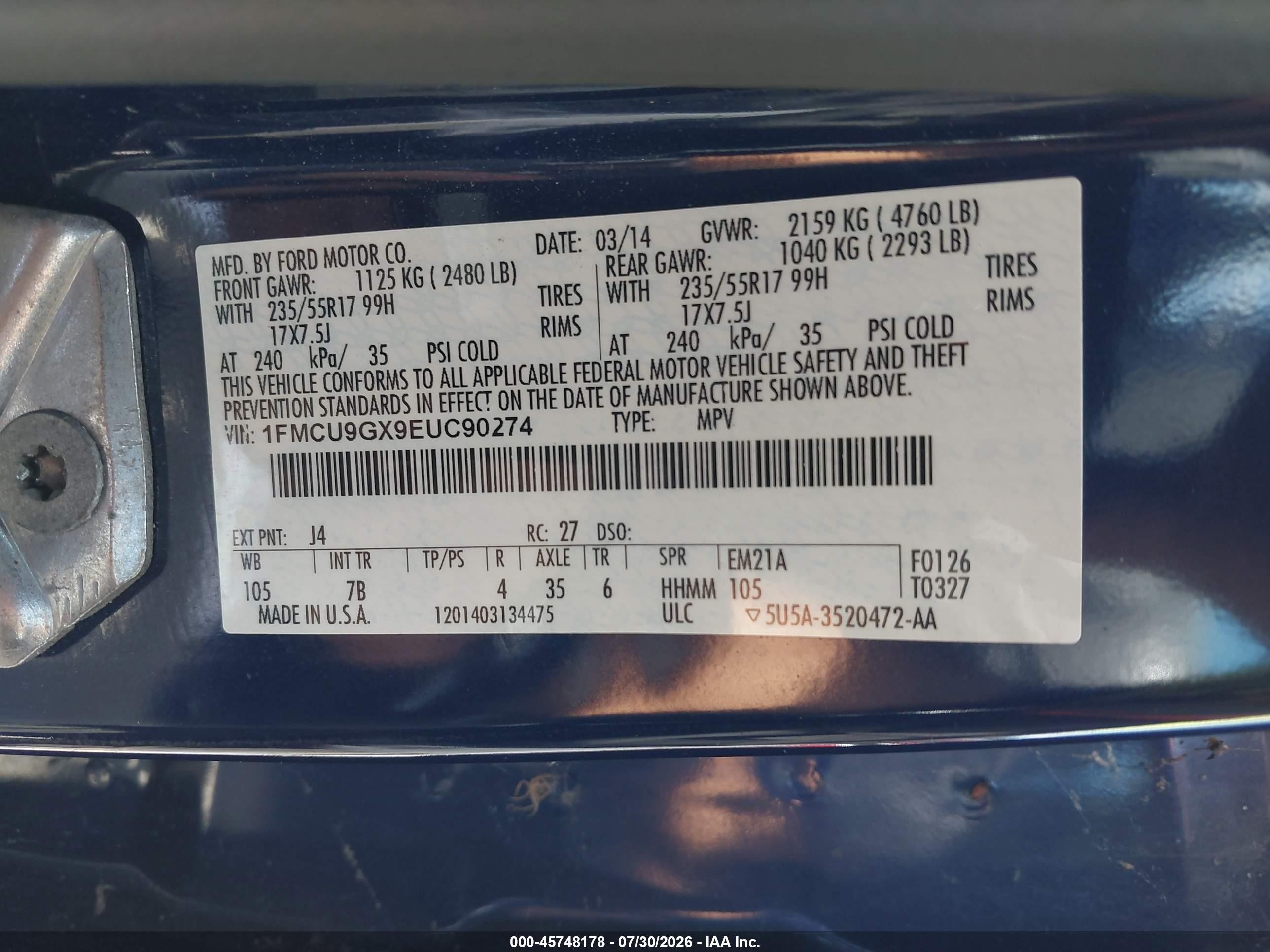 2014 Ford Escape Se Blue vin: 1FMCU9GX9EUC90274