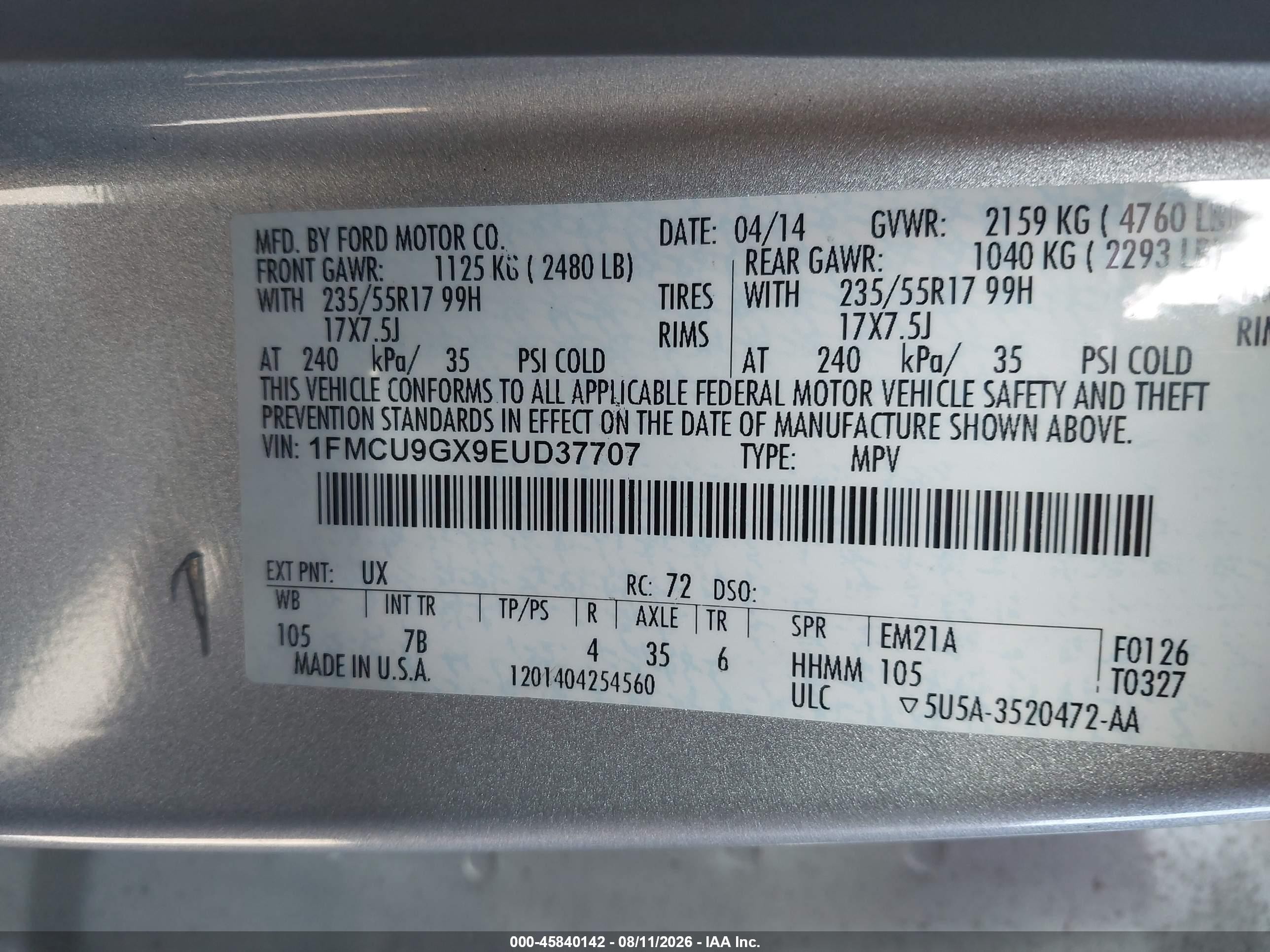 2014 Ford Escape Se Silver vin: 1FMCU9GX9EUD37707