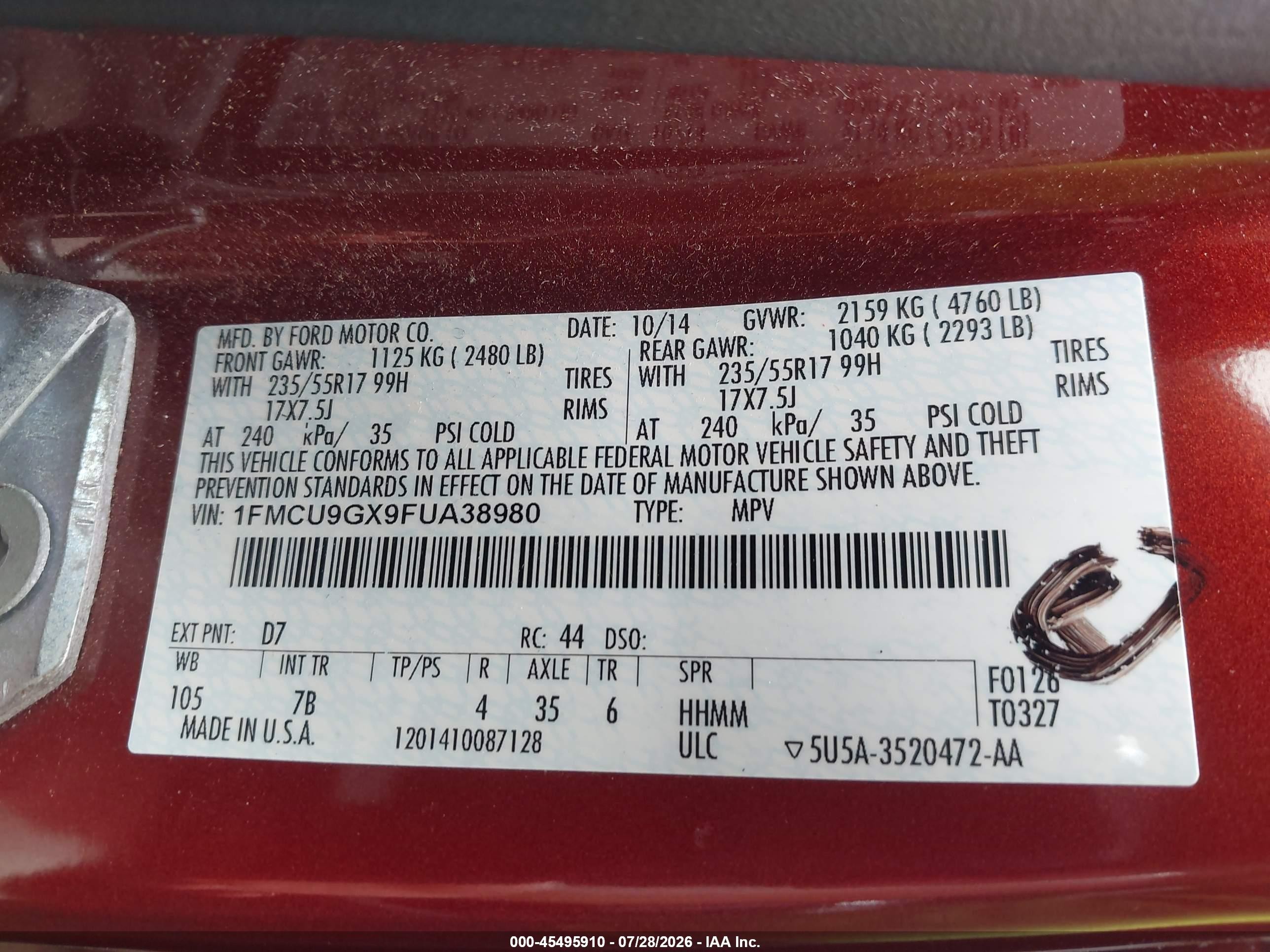 2015 Ford Escape Se Orange vin: 1FMCU9GX9FUA38980