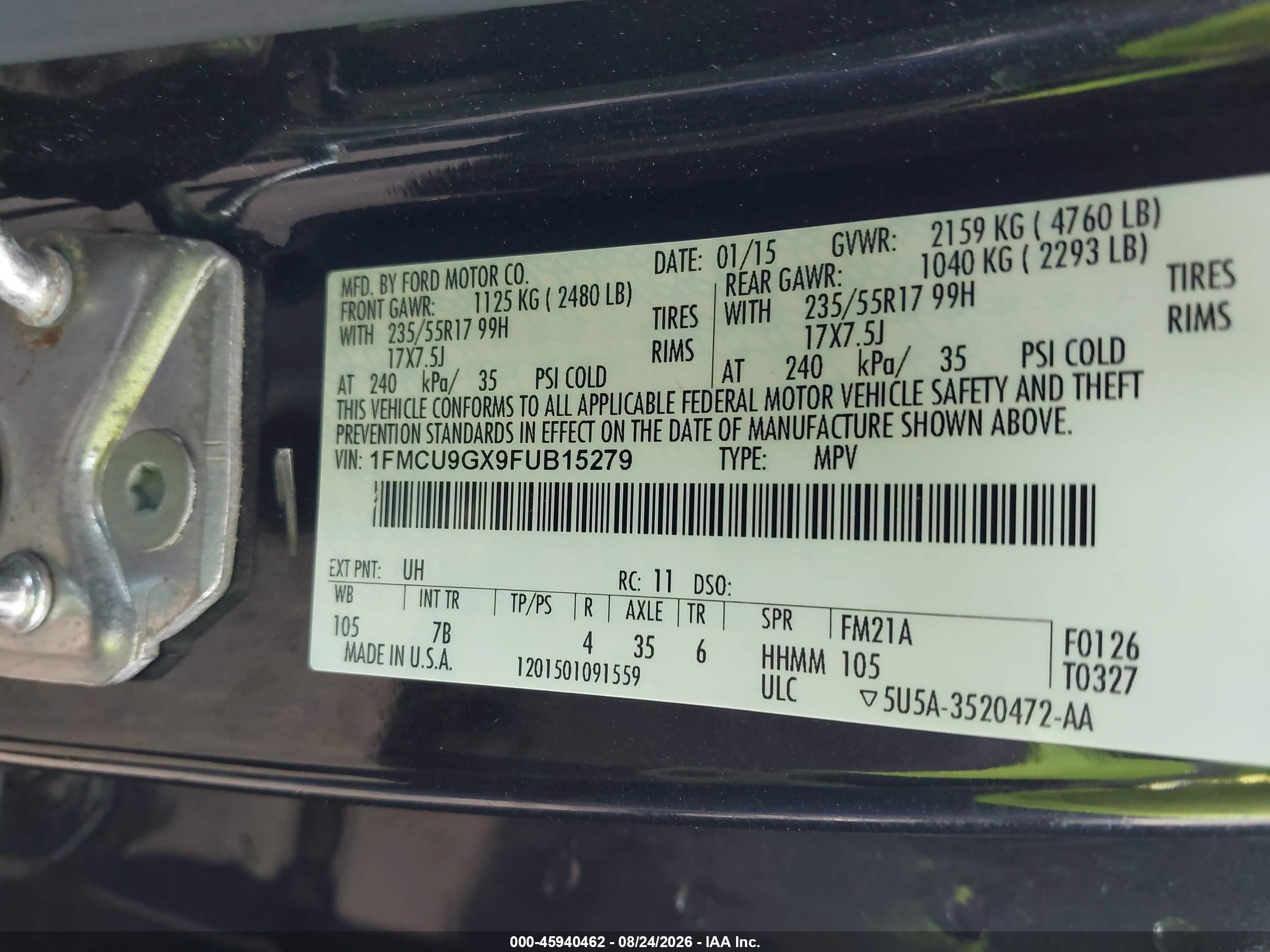 2015 Ford Escape Se Black vin: 1FMCU9GX9FUB15279