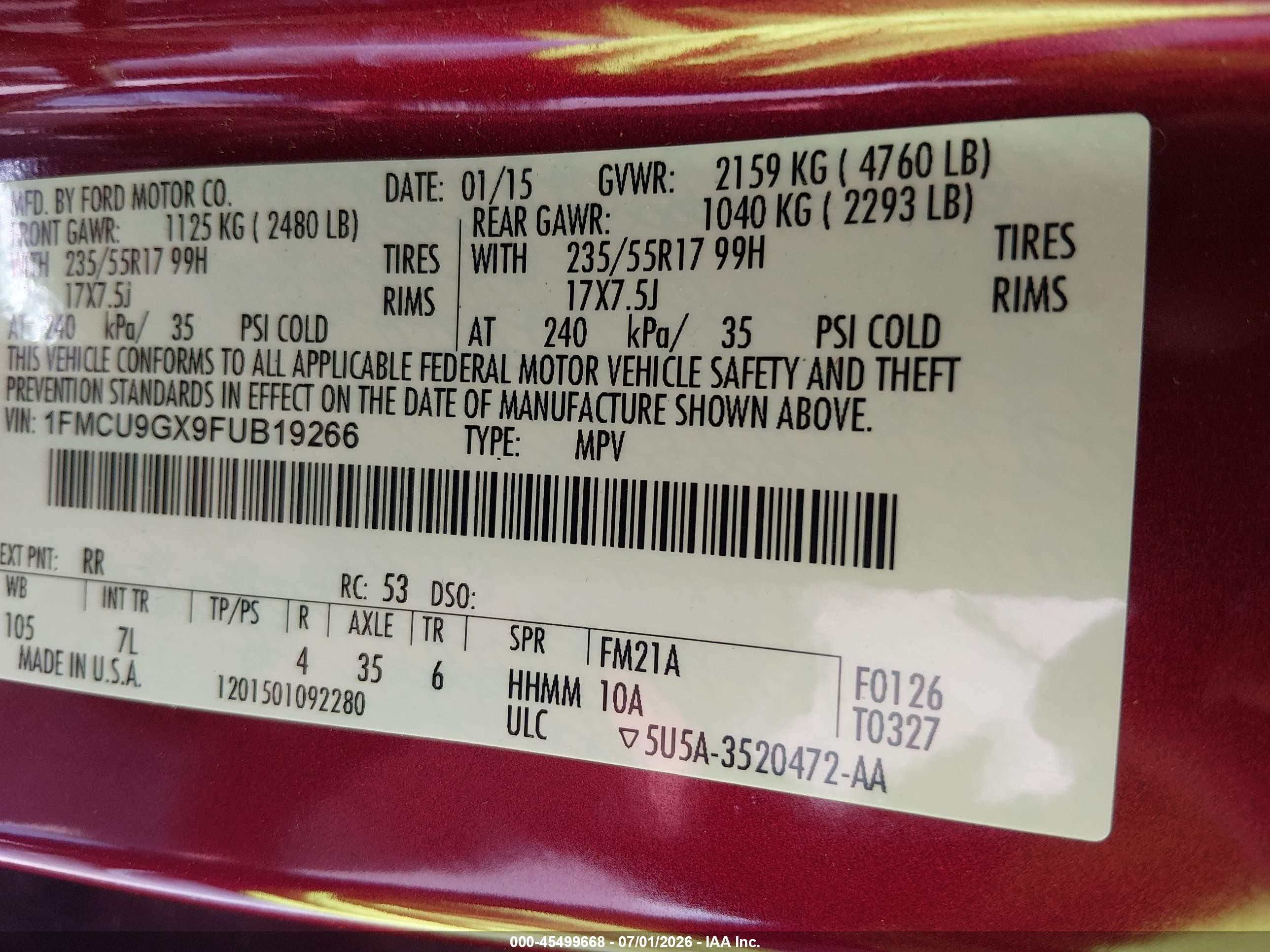 2015 Ford Escape Se Burgundy vin: 1FMCU9GX9FUB19266