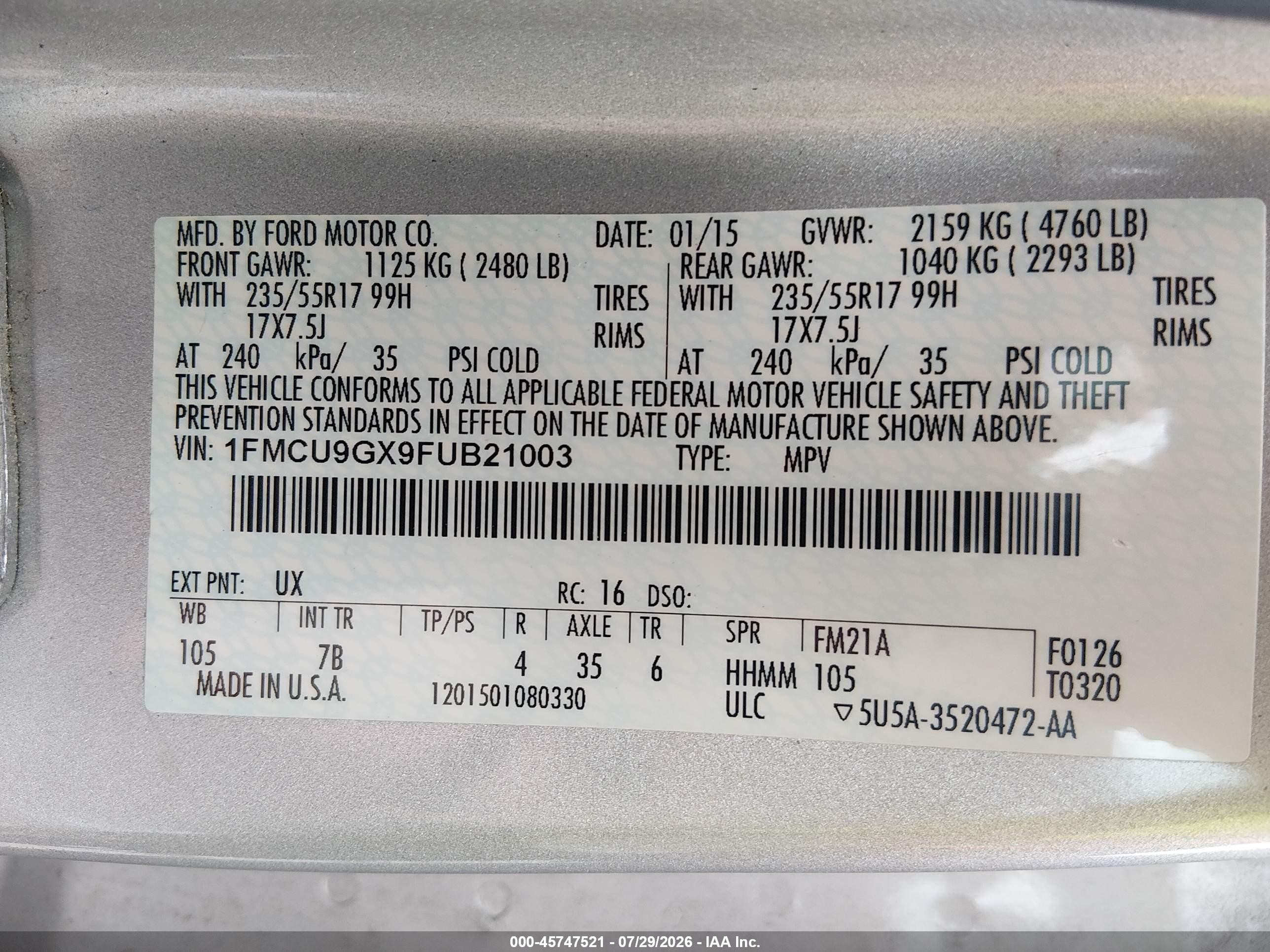 2015 Ford Escape Se Silver vin: 1FMCU9GX9FUB21003