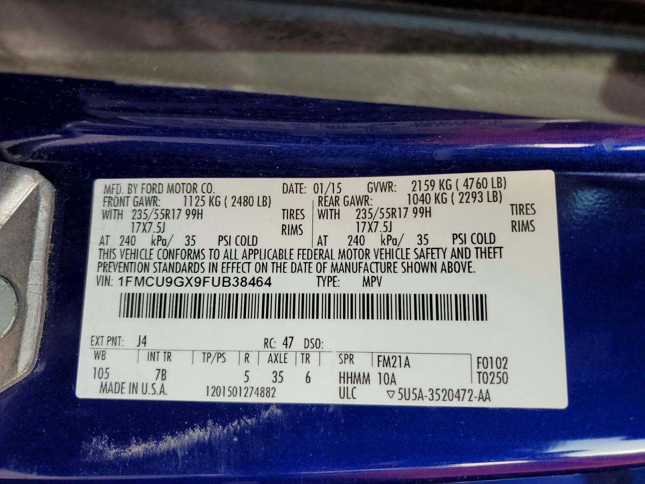 2015 Ford Escape Se Blue vin: 1FMCU9GX9FUB38464