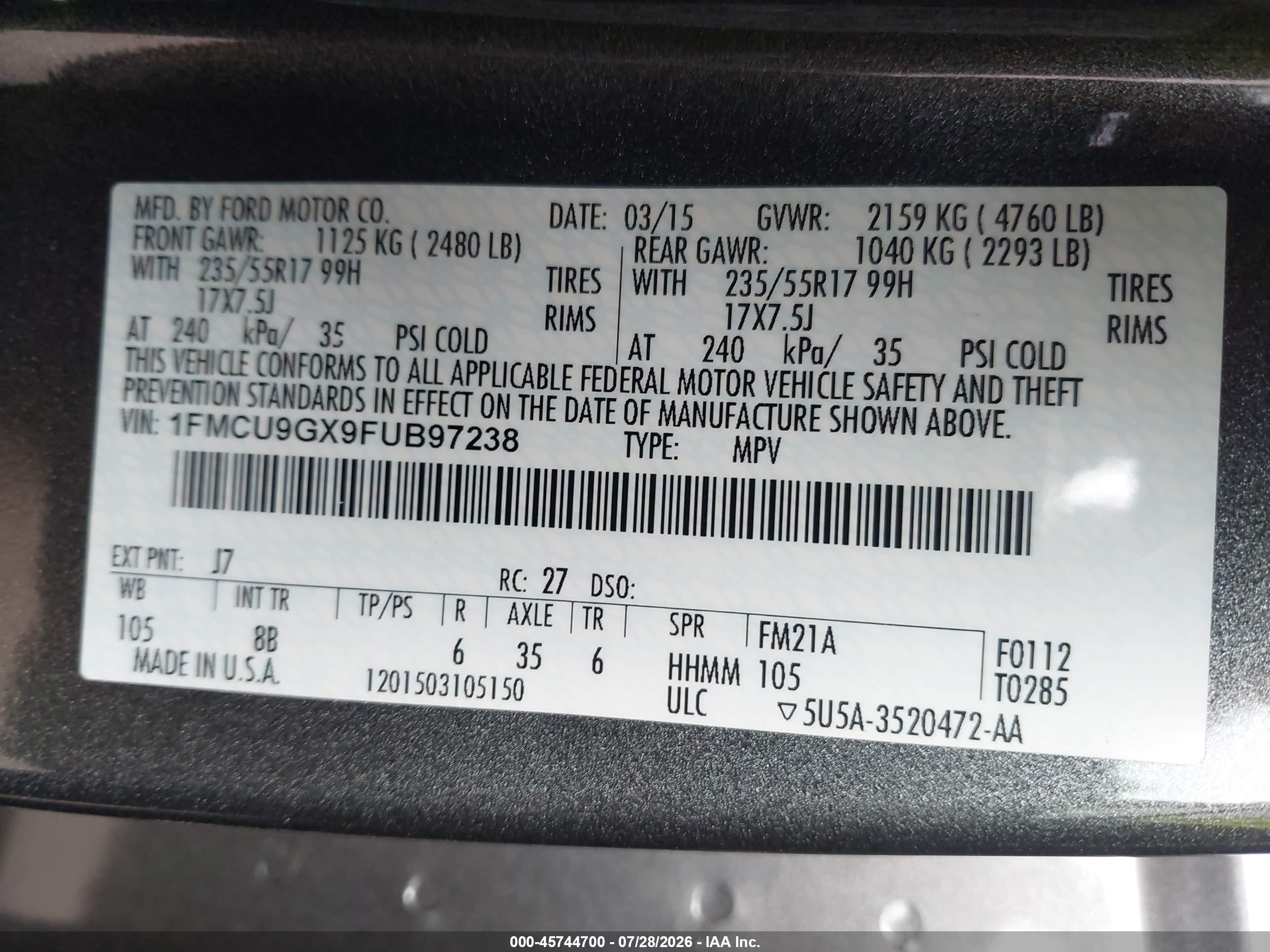 2015 Ford Escape Se Gray vin: 1FMCU9GX9FUB97238