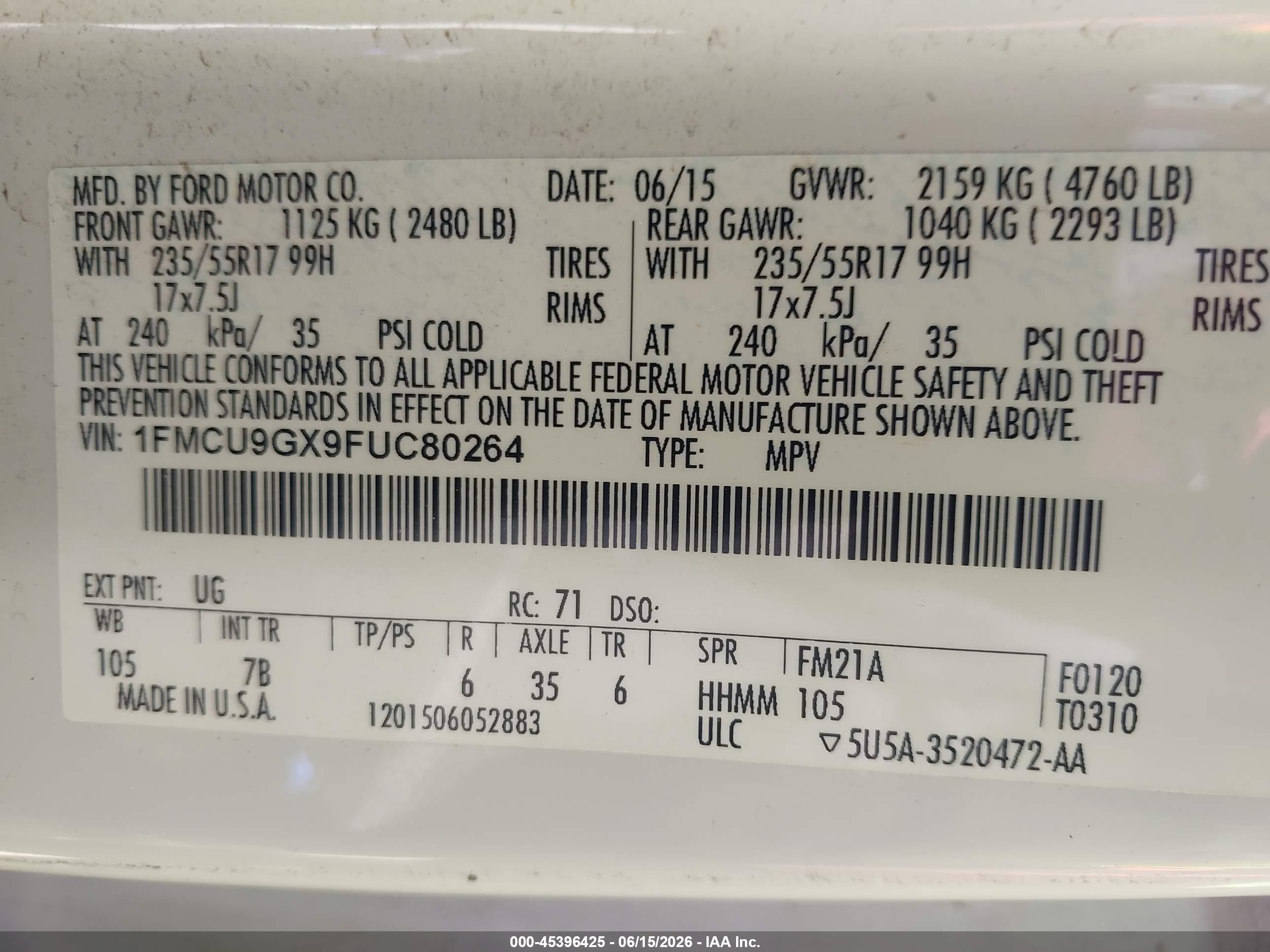 2015 Ford Escape Se Белый vin: 1FMCU9GX9FUC80264